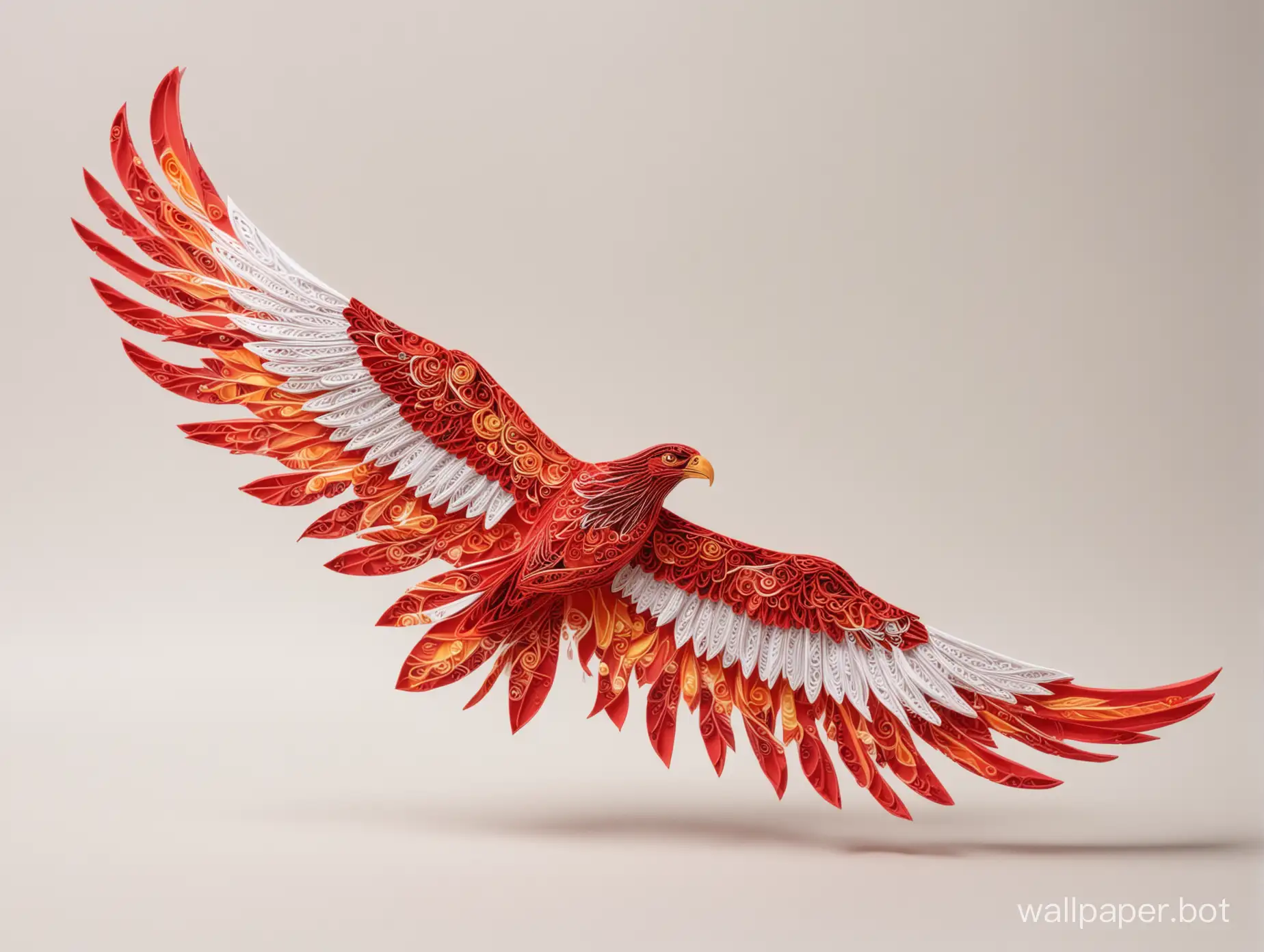 front-angle view of a red eagle with red decorative flames in a papercraft quilling style. Simple composition with a white background.