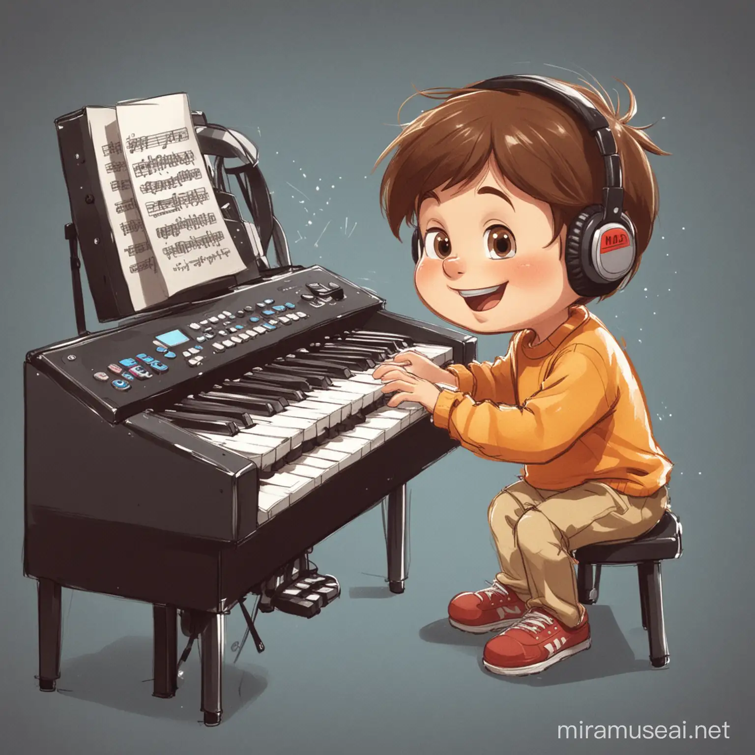 cartoon, child playing keyboard, 