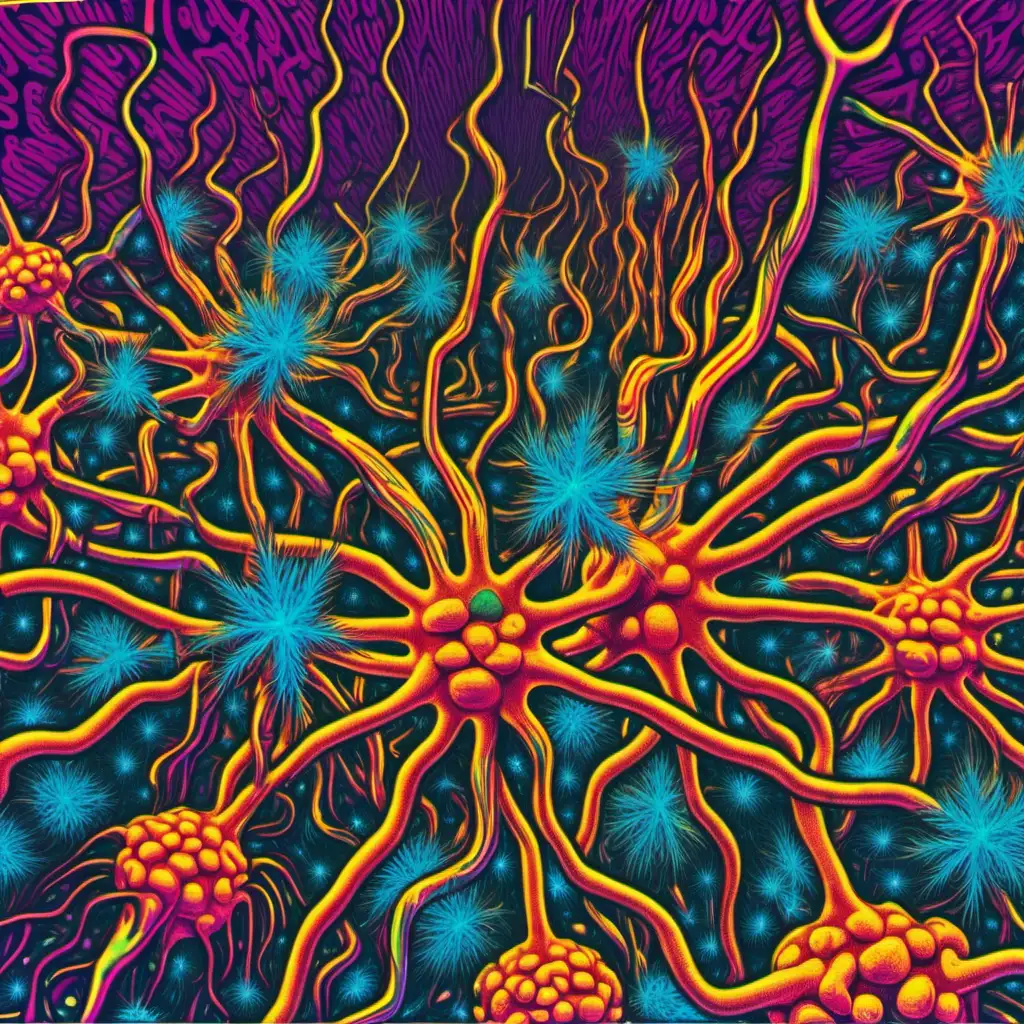 Psychedelic image of  Brain cells celebrating the introduction of marijuana.