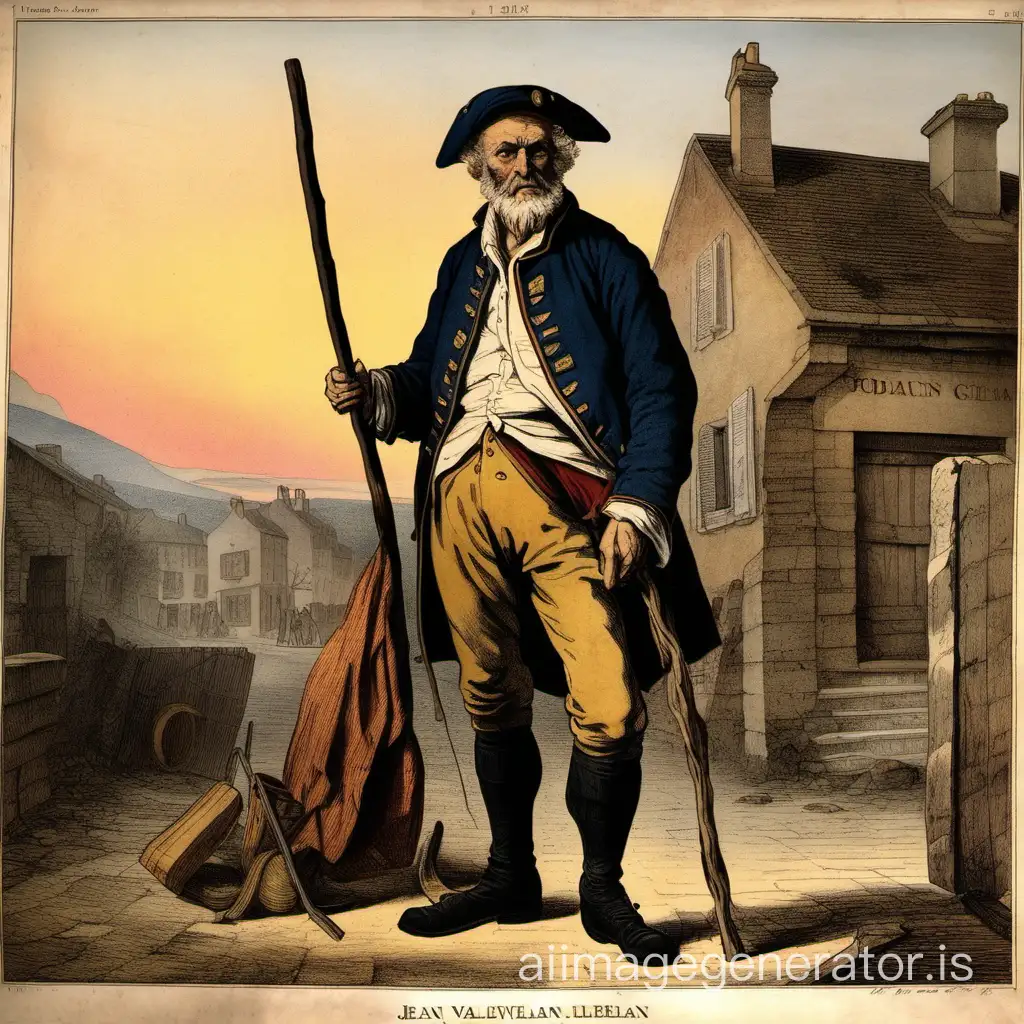 Jean Valjean old sturdy miserable man leather visor cap old shirt ragged soldier's bag huge knotted stick shaved head long beard town of Digne sunset 1815