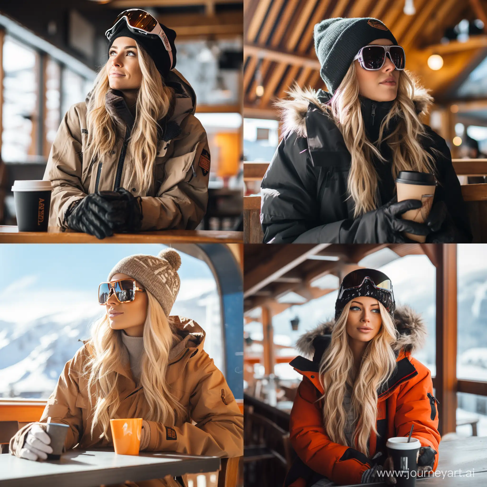 photo in realistic style: a girl - snowboarder drinking coffee against the background of ski resort. — commercial photography — magazine photography — glamour photography ar 16:9