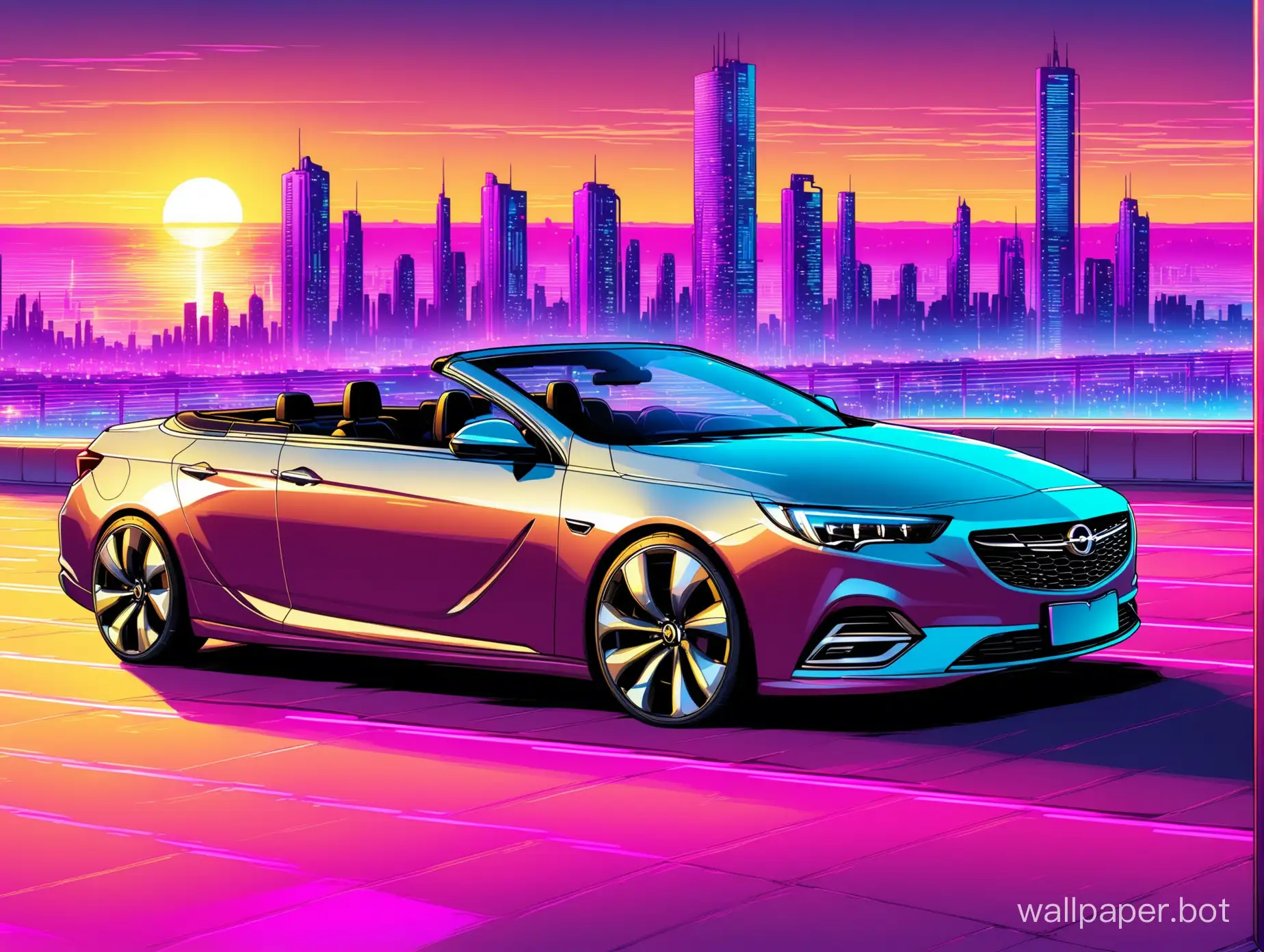 opel insignia grand sport convertible with one door in steel color with a futuristic city at sundown in the background, synthwave style