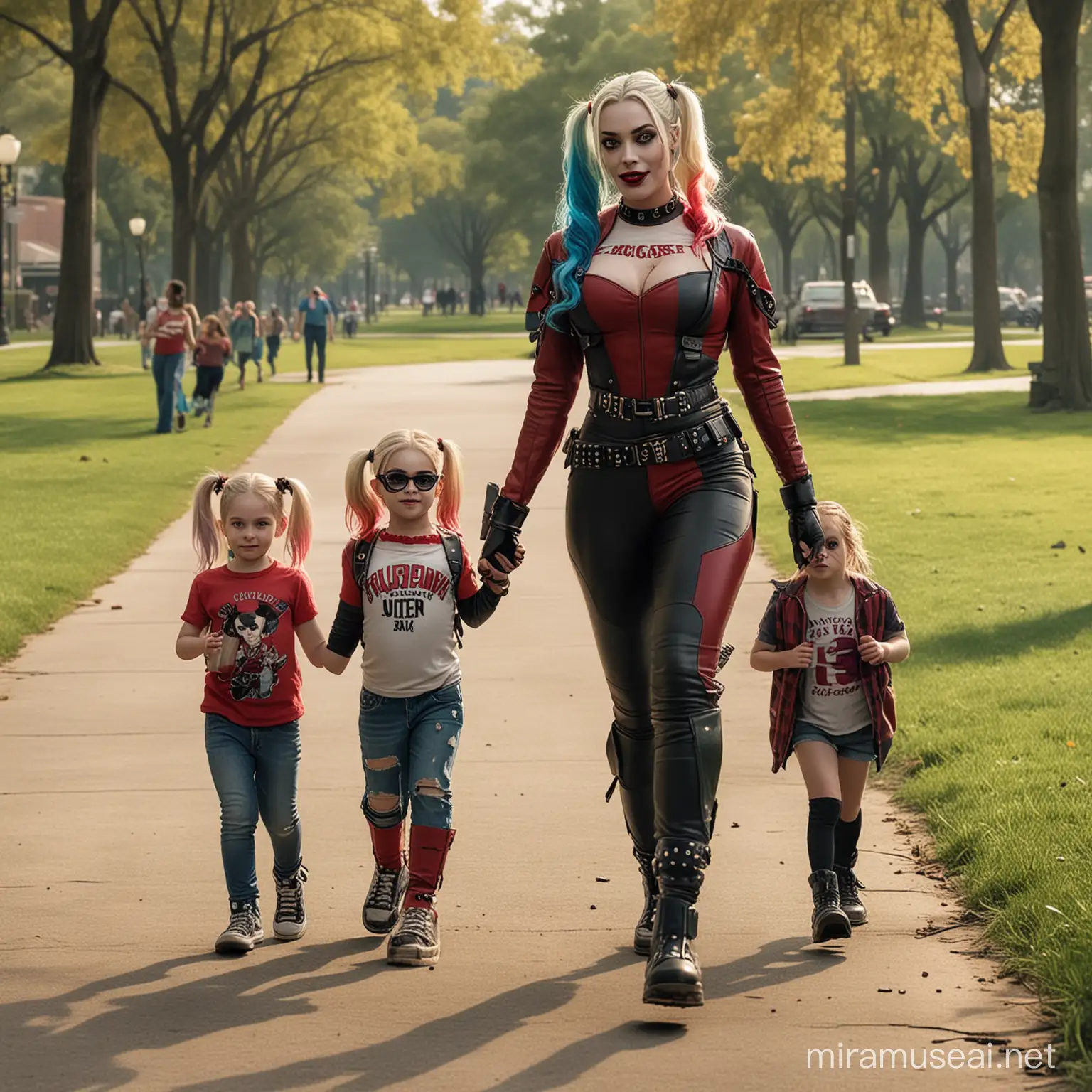 Harley Quinn walking through the park with her children