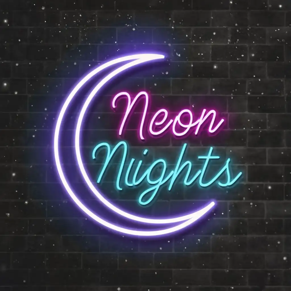 logo, moon, with the text "Neon Nights", typography