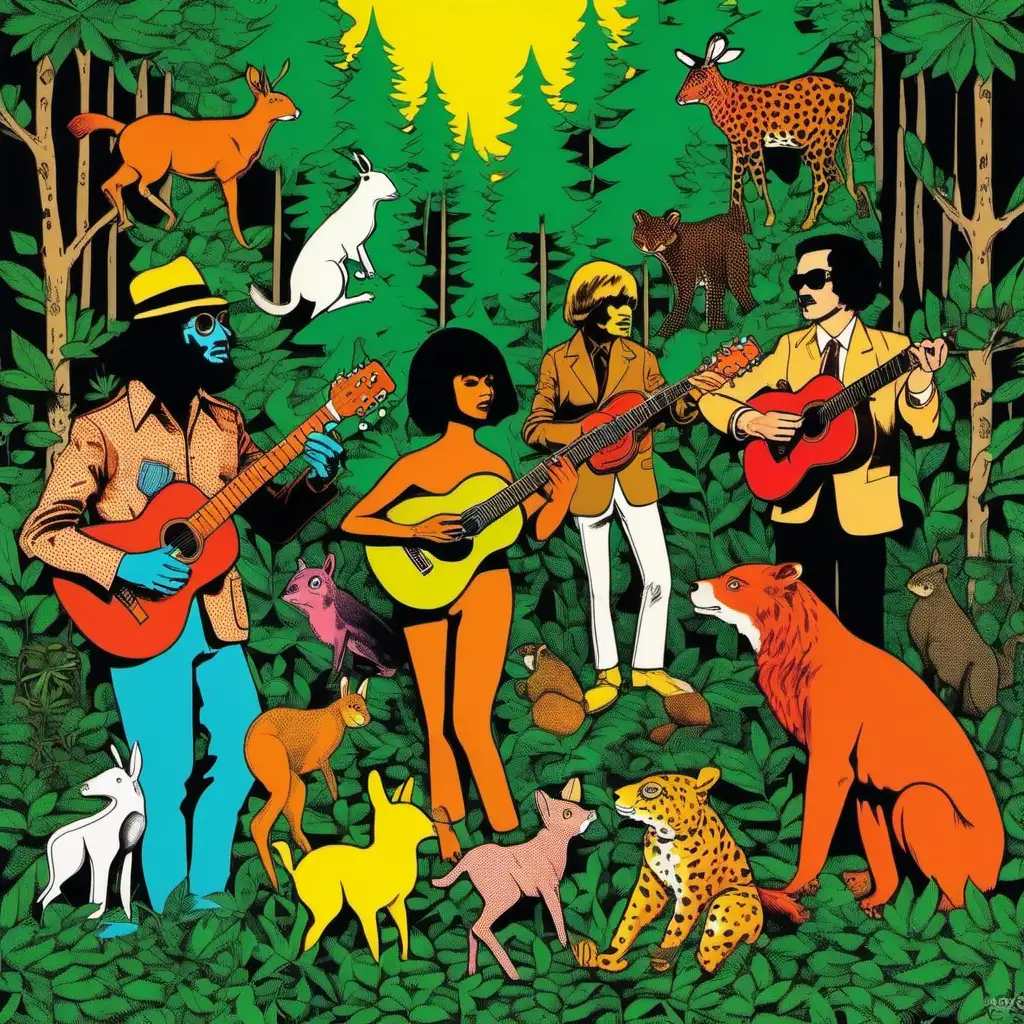 animals and people making music in the forest 
[style: 70s pop art]

