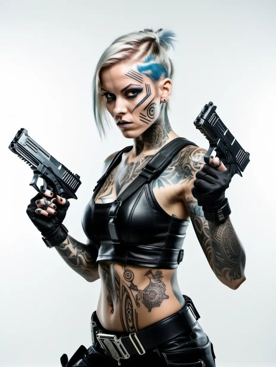 futuristic tattooed germanic female in attack pose with 2 futuristic handguns, white background