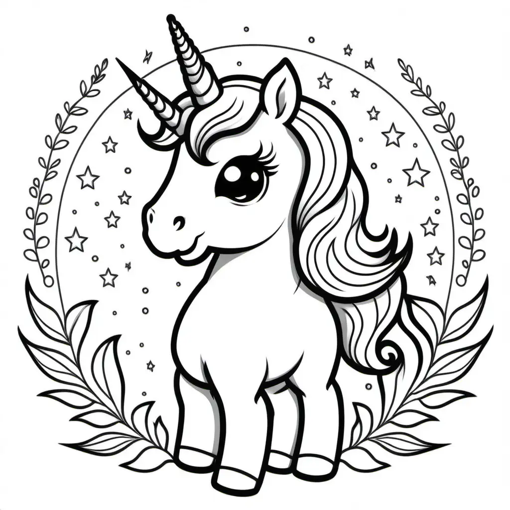 Adorable Simple Cute Unicorn Coloring Page in Line Art Style on White Background
