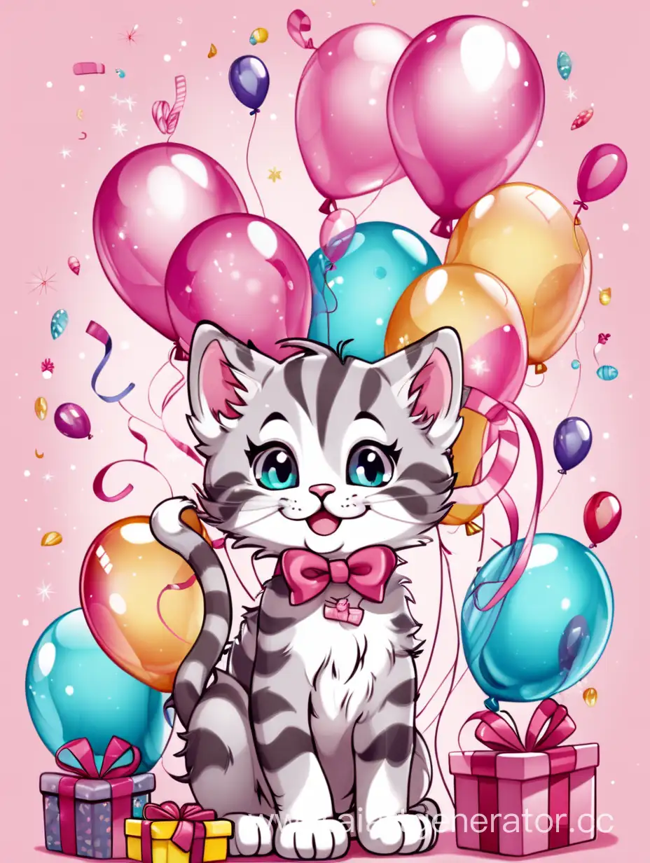 happy birthday kitten with balloons and gifts with pink