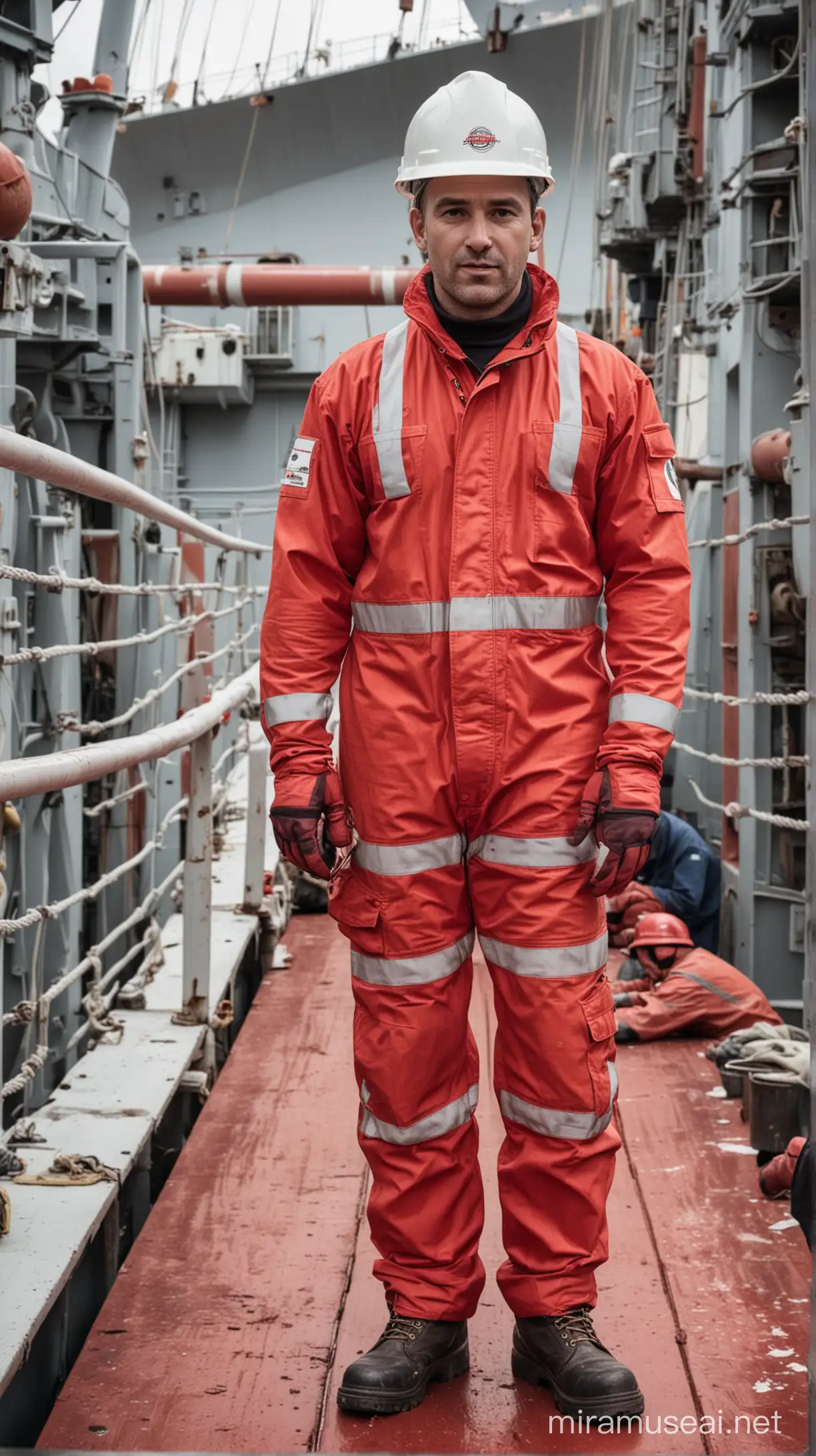 Man in Red Wearpack and Safety Gear on Ship Deck