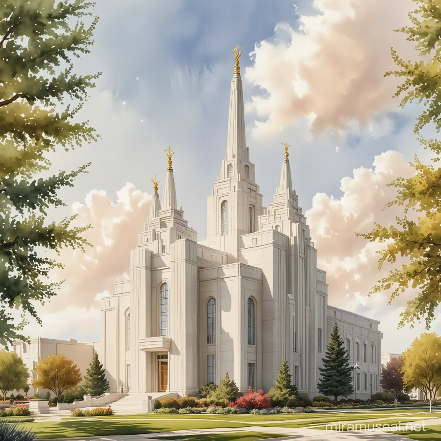 Realistic Watercolor Painting of South Jordan LDS Temple Surrounded by Tranquil Waters