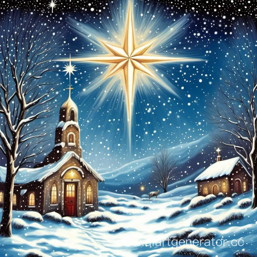 Зима Рождество снег Вифлеемская звезда на небе живопись 