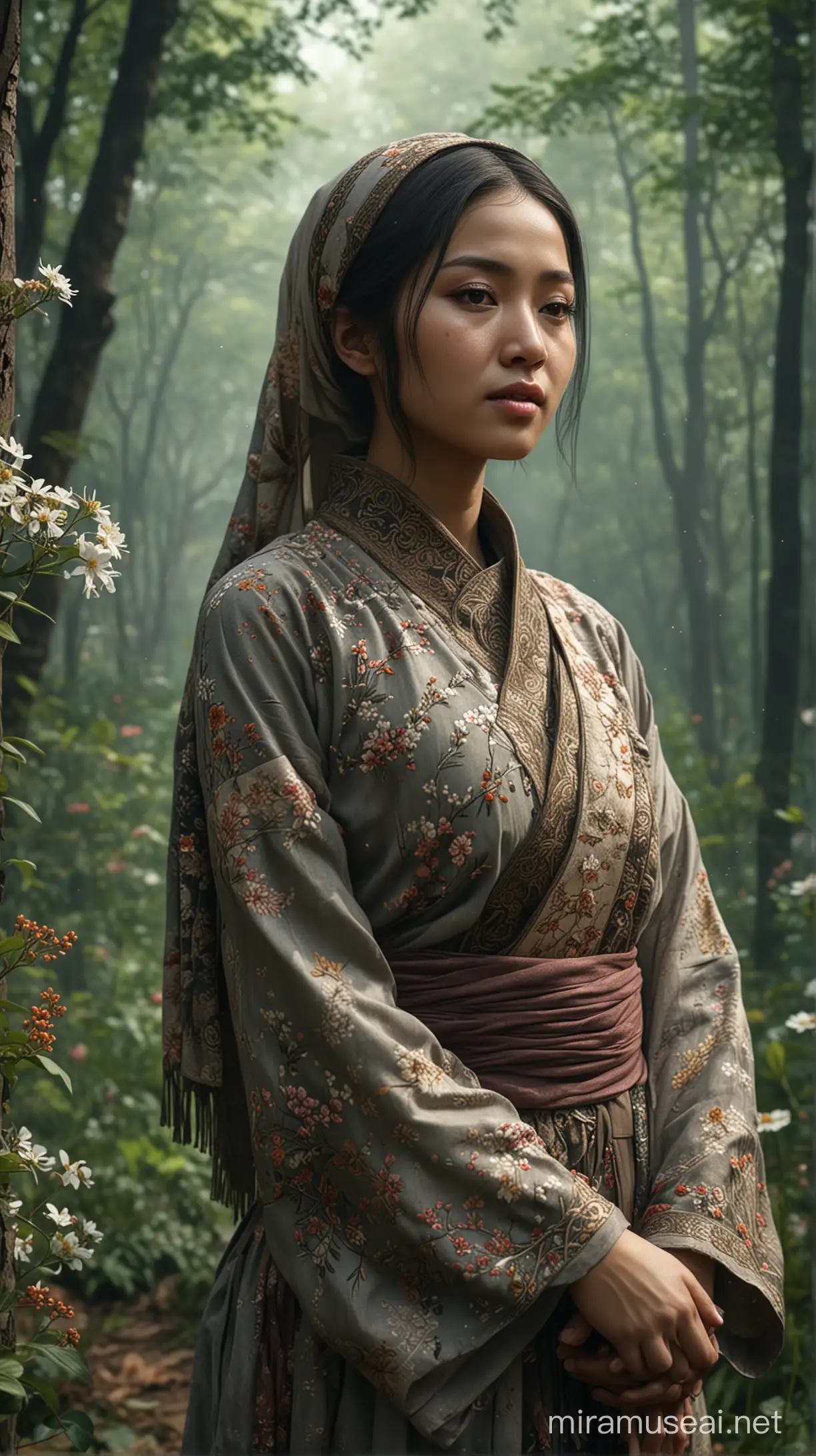 Full body shot of a beautiful Indonesian girl, state of decay and brittle, frail, sneezing, hijab wearing hanfu clothes, lost in wild forest, rustic old prosthetics, covered in lush, mold, nice face, wild flowers and nature, hyper realistic, highly detailed, intricate, professional.PhotoReal v2 vibrant 