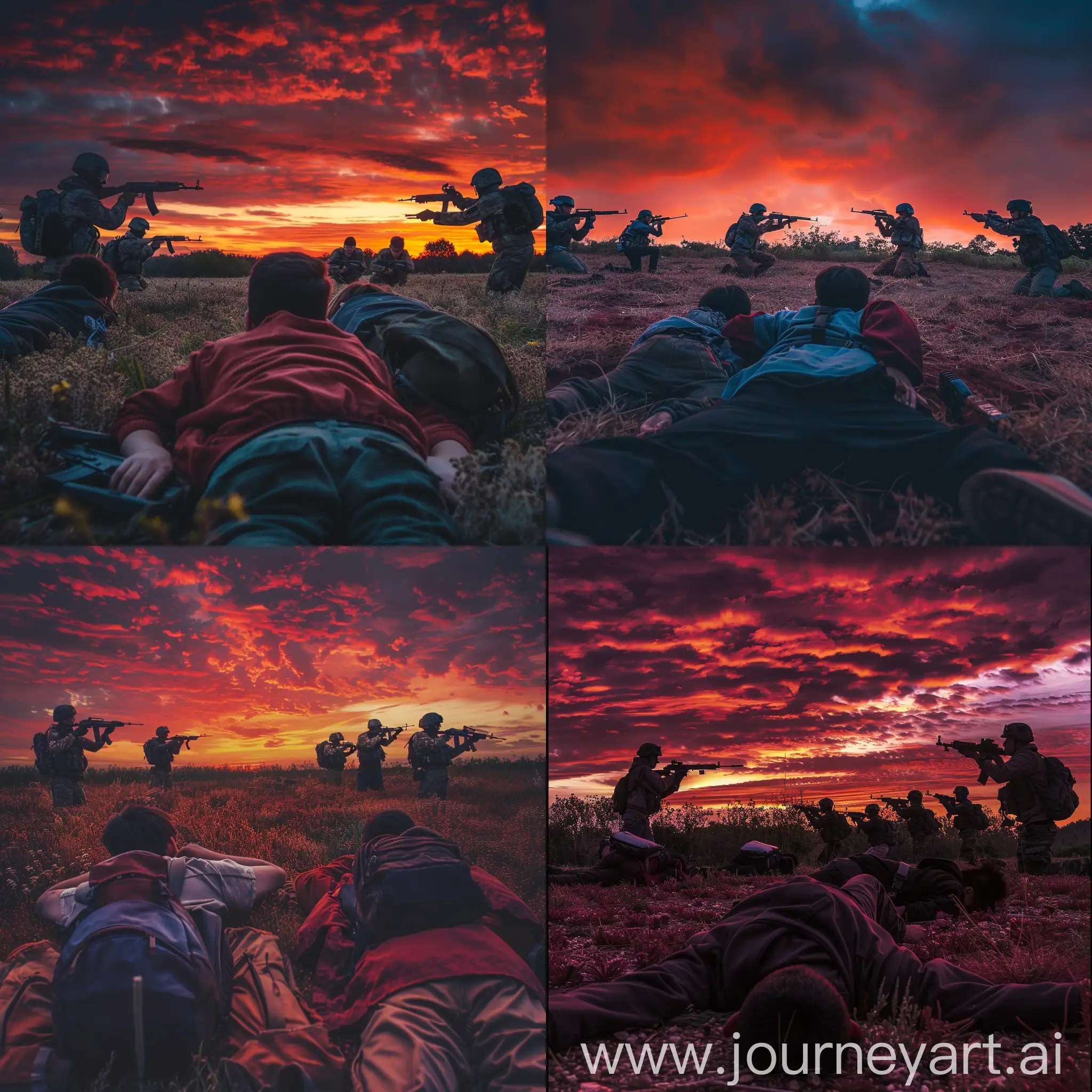 university students lies non the ground facing down the field with hands behind their back while fully armed solders pointing their gun at them during sunset. The sky are cover with dark red tone colour ,realistic