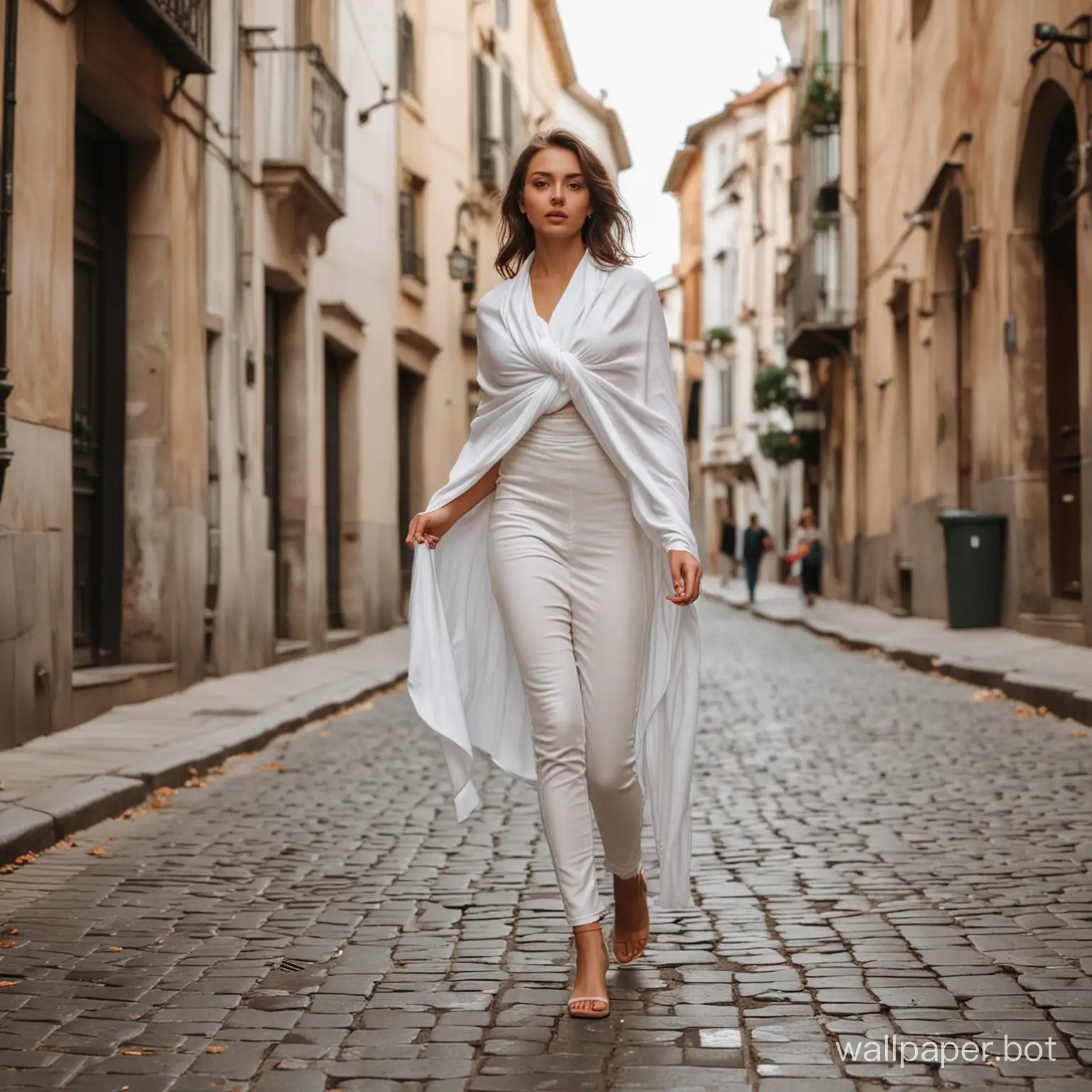 Full body girl draped with a white shawl walking down the city street