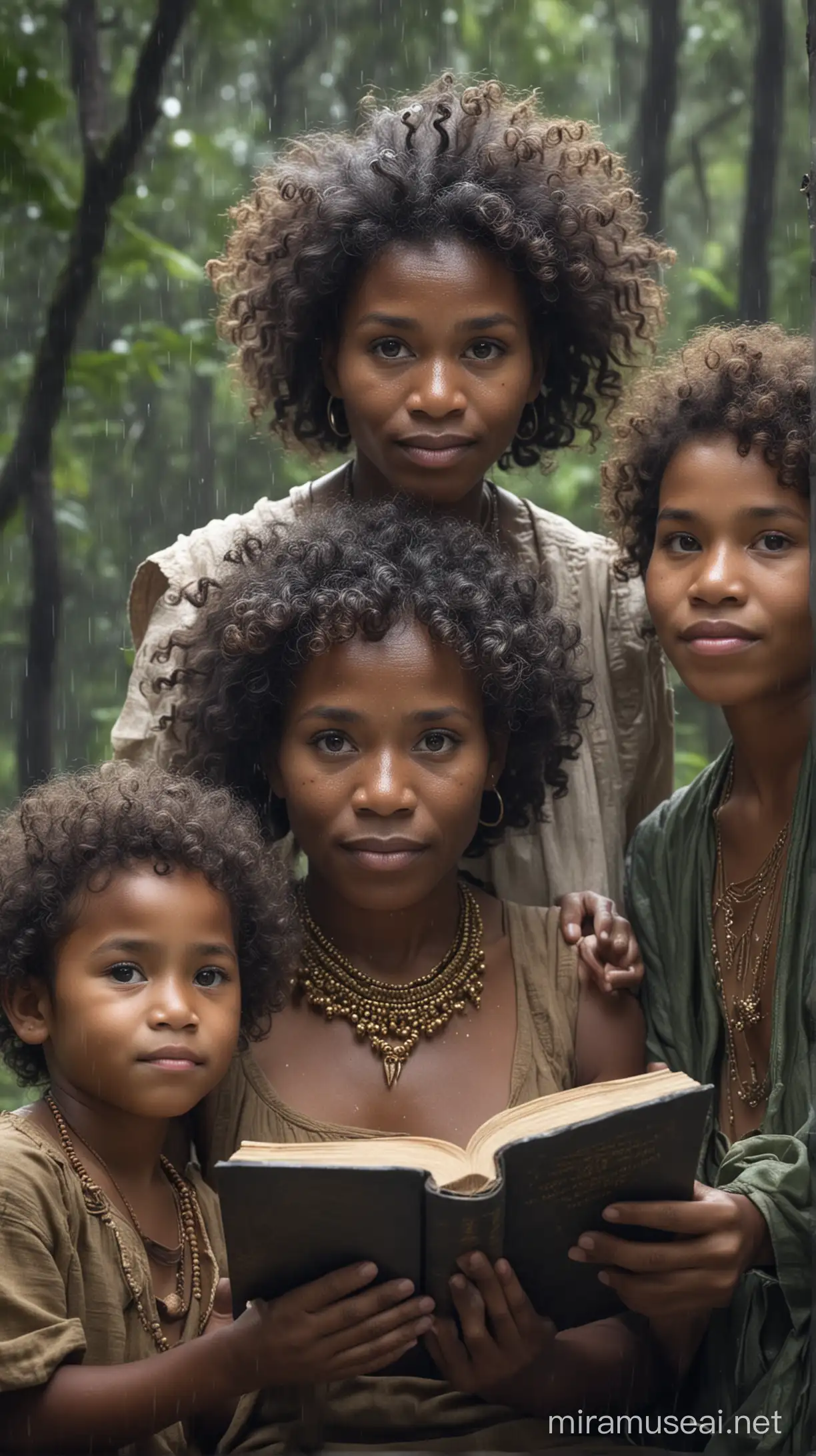 real picture: A beautiful grandmother from Papua with curly hair and black skin is holding a magic book that appears to be shining with a spirit face while teaching her grandchildren from Papua who come from curly hair and black skin in a cloudy and rainy forest. The photo is visibleoriginal, original image of photo taken 360, full HD