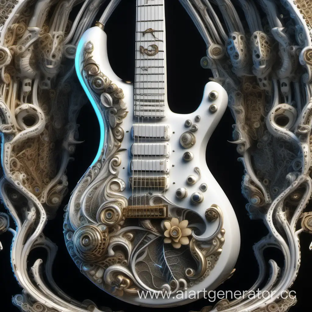 Electric guitar, complex 3d render ultra detailed of a beautiful porcelain electric guitar, biomechanical cyborg, analog, 150 mm lens, beautiful natural soft rim light, floral decoupage, big leaves and stems, roots, fine foliage lace, colorful details, massai warrior, alexander mcqueen high fashion haute couture, pearl earring, art nouveau fashion embroidered, steampunk, intricate details, mesh wire, mandelbrot fractal, anatomical, facial muscles, cable wires, microchip, elegant, hyper realistic, ultra detailed, octane render, h.r. giger style, volumetric lighting, 8k post-production, no background --stylize 750 --ar 1:2