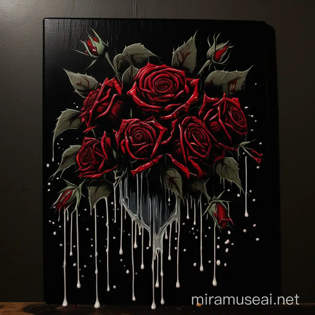 A wooden board acrylic painting of a bouquet of dark red roses against a black background. Add thorny vines and dripping blood for an extra macabre touch.
