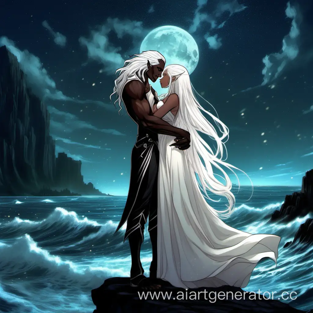 Высокий мускулистый темнокожий мужчина эльф в тëмной одежде и с белыми длинными волосами обнимает девушку эльфийку с белыми длинными волосами и в белом платье на фоне ночьного бушующего моря, рядом порхают светлячки