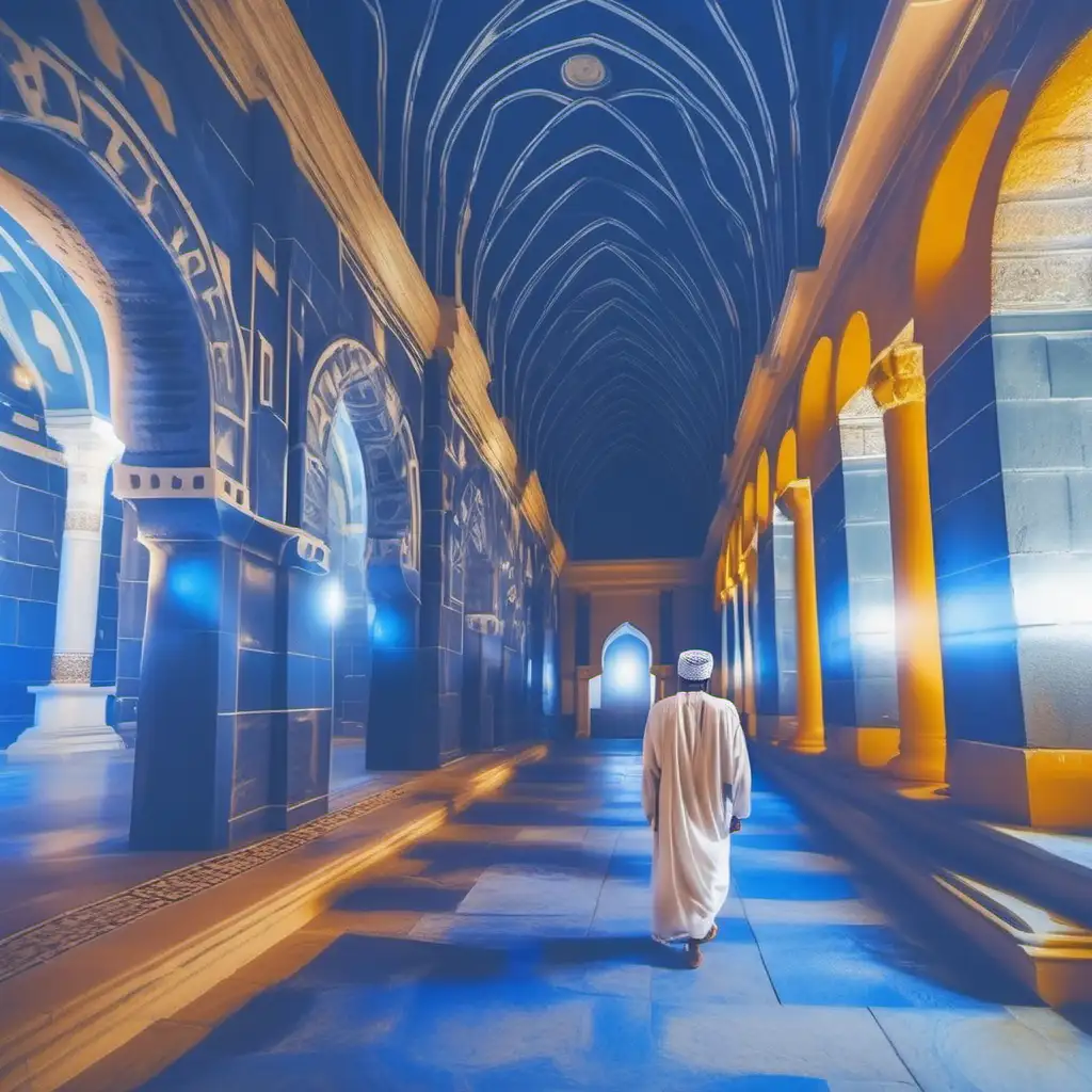 Roman anchient building with Omani man with white omani clothes walking in the hall, dark ambient style,