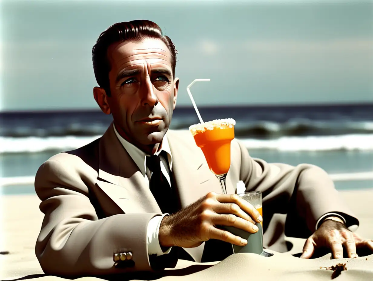 Humphrey bogart on a beach with a drink
