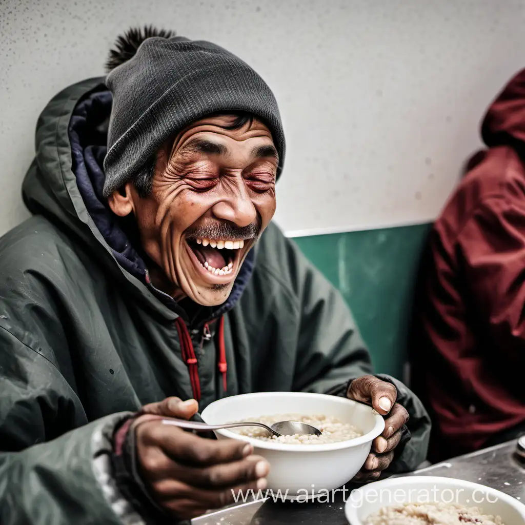 A joyful homeless person is eating porridge in the cafeteria