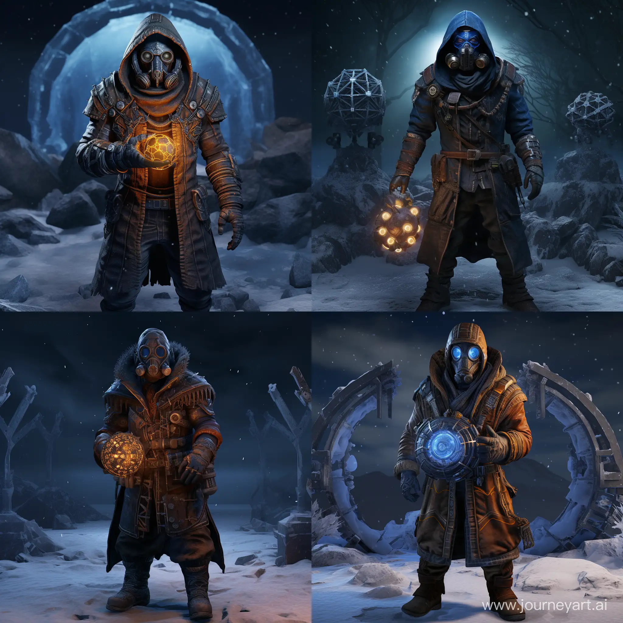 full-length photorealism. Engineer-scientist of strong build. He is wearing a gas mask with a double filter and amber lenses. Dressed in a dark blue warm jacket with a hood with fur trim and dark blue jeans. Wears gray gloves and black combat boots. In his hand he holds a sphere with complex patterns that glow blue. He stands in the icy wasteland
