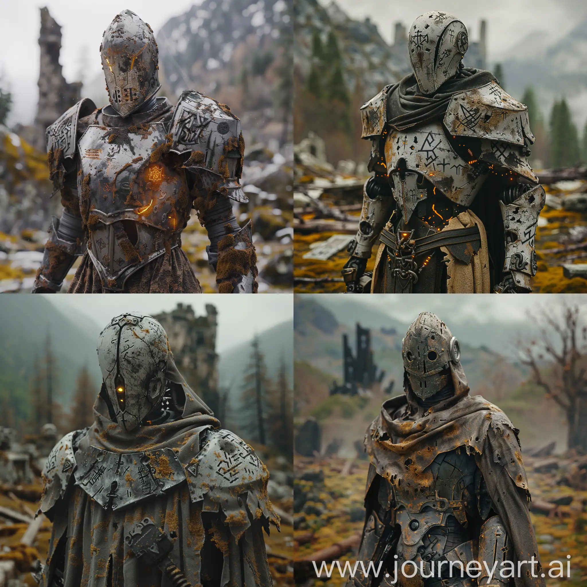 Masterpiece, 4k, unreal engine m5, volumetric lighting, dof, bokeh, hyper realism, adof, vignette, dust, moss, aged, scarred, burnt, runic, runes, paladin, holy, light, magic, scorcerer, mech, robot, warforged, dnd, light armour, dark fantasy, fantasy featureless helmet, highly detailed, tattered robes, burnt robes, destroyed land, castle ruins in background, burnt wood, unmarked tombs, mountainous background, dead forest