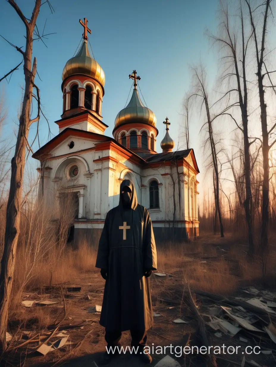 Russian stalker on the background of a dilapidated Orthodox church, dry trees, wilted greenery, leaves. Sunset  Traces of radiation and destruction of nature.