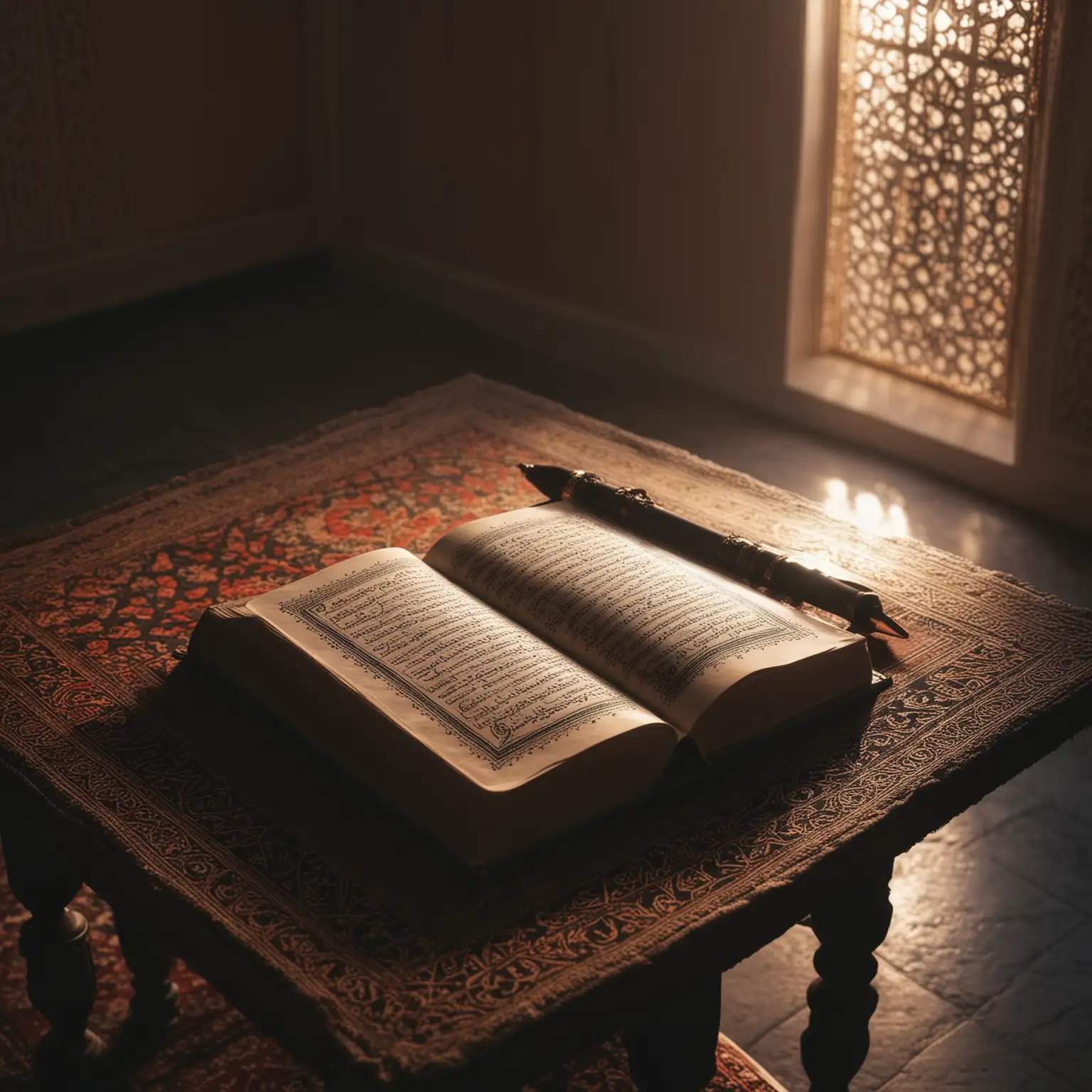 The Holly Quran, on a small reading table, in a dark beautiful mosque, light coming out from the Quran 