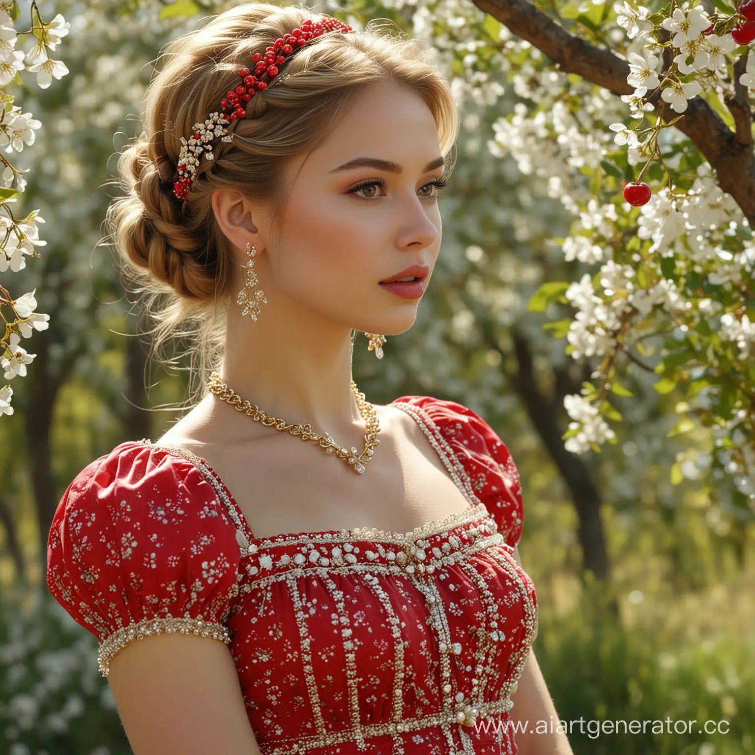 Russian-Cutie-in-Floral-Sundress-with-Kokoshnik-and-Jewelry-in-Cherry-Orchard-Scene