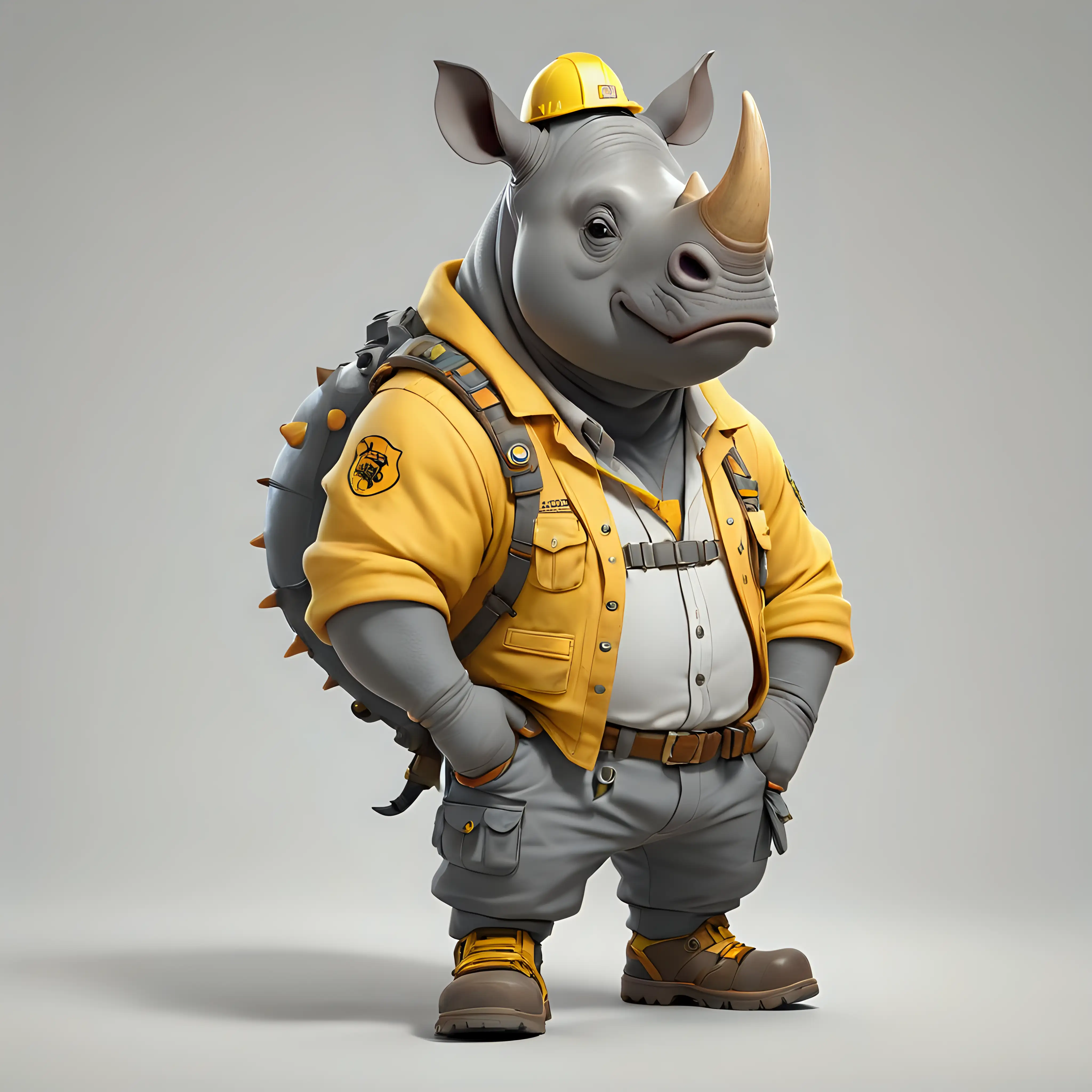 A rhinoceros, in cartoon style, full body, Engineer clothes with yellow helmet, with work shoes,with white background