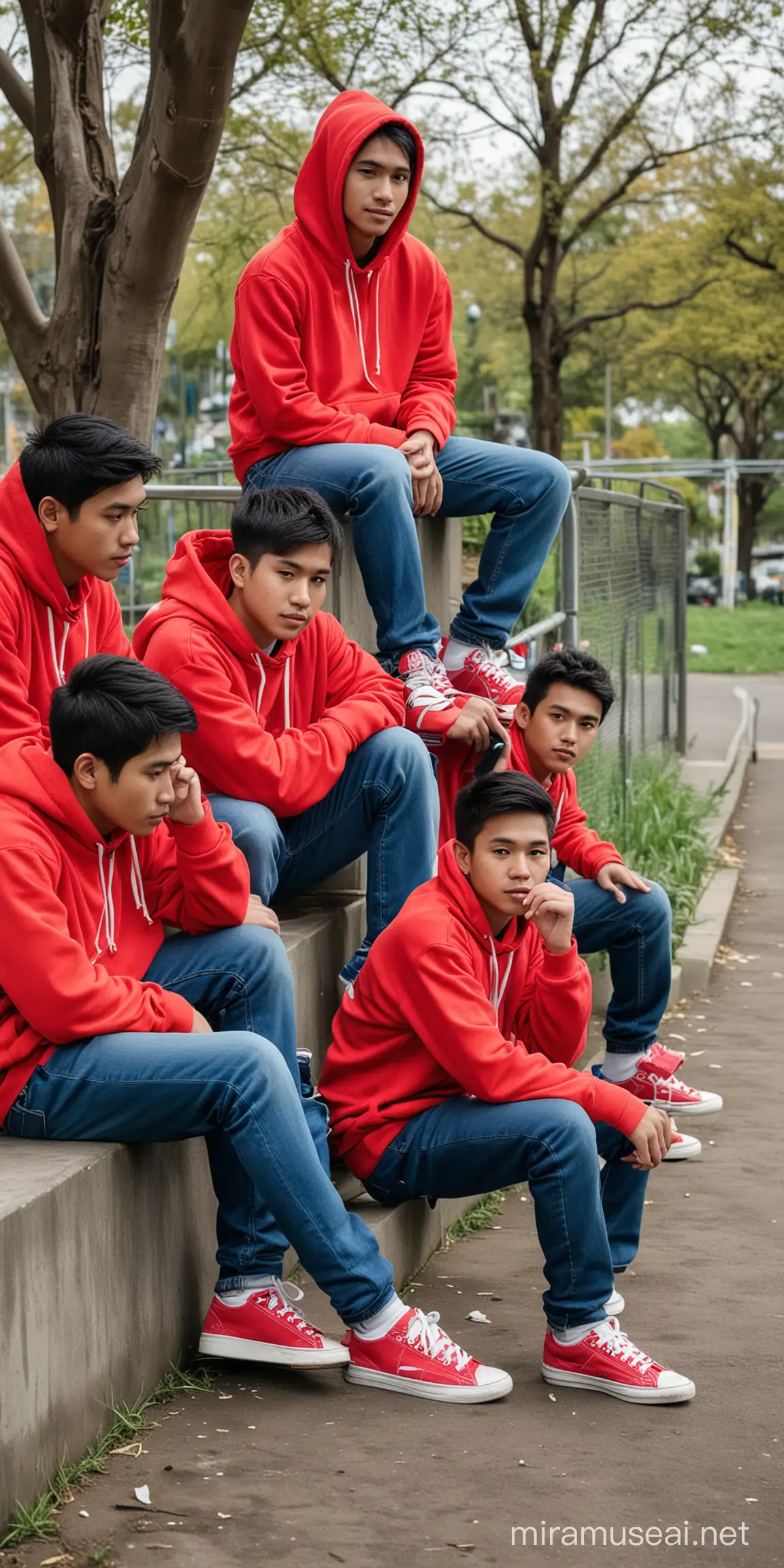 Empat pemuda Indonesia memakai hoodie merah topeng anonymous, celana jin's biru, sepatu sport biru. Sedang duduk di sebuah taman perkotaan. 