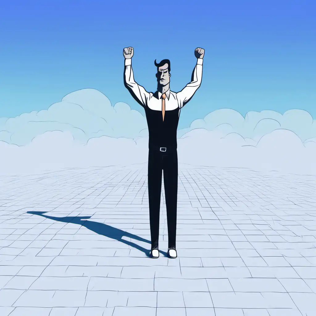 Strong Stable Man Holding Hands Overhead in Vibrant Cartoon Style