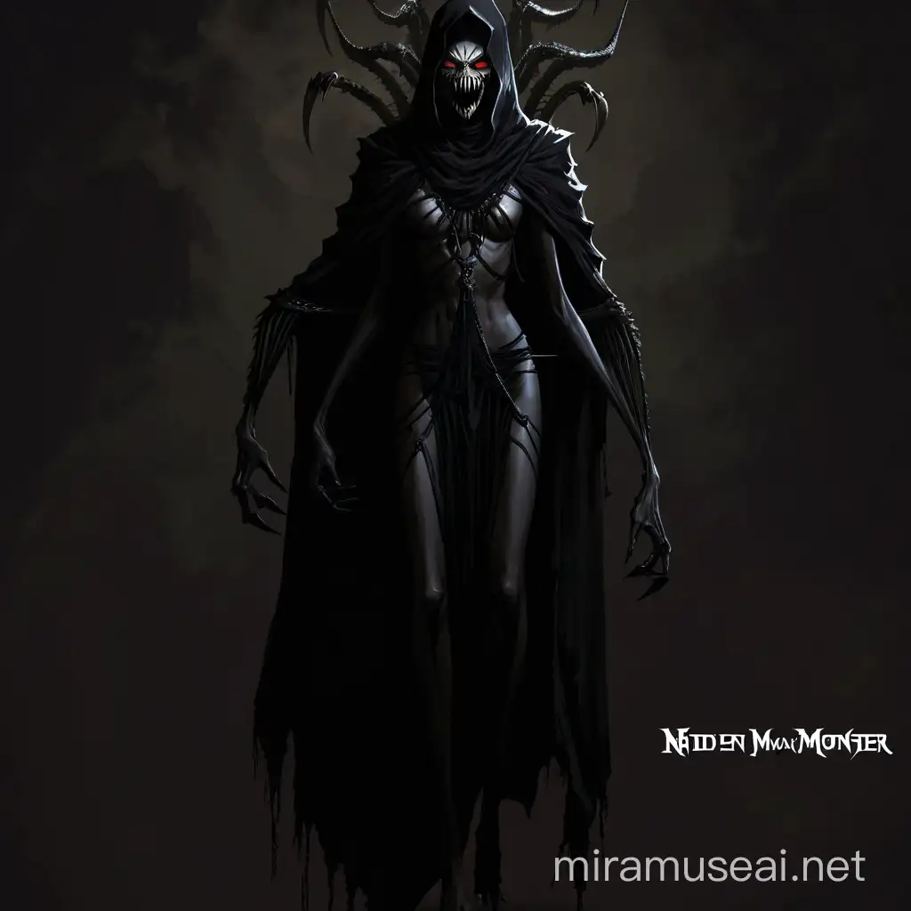 concept art, path of exile style, female monster, dark and macabre colorurs, small breasts, skinny female body, long limbs, ironmaiden, four arms, big maw on face, big needle teeths, dark void face, godlike being, nun