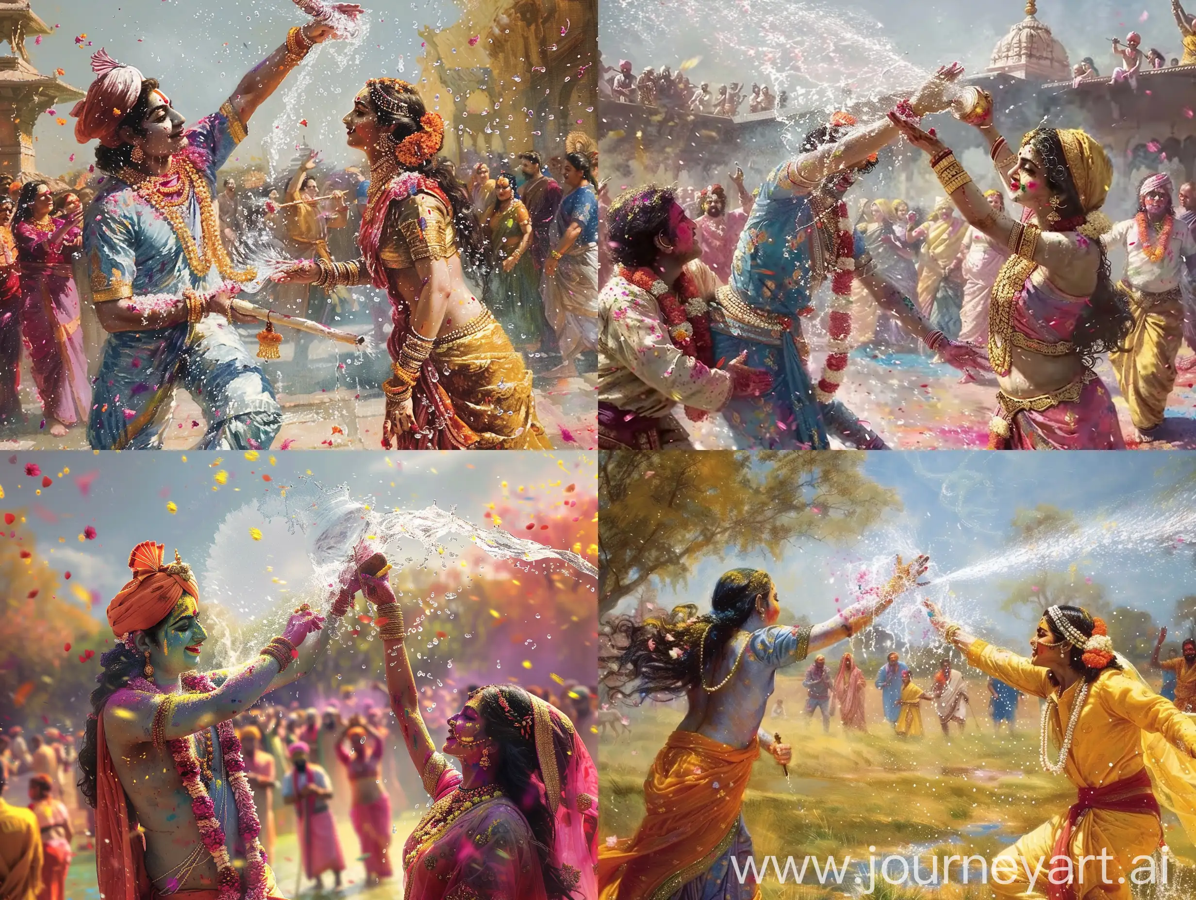 generate image shree krishna throughing water with pichkari to radha, people playing holi in background