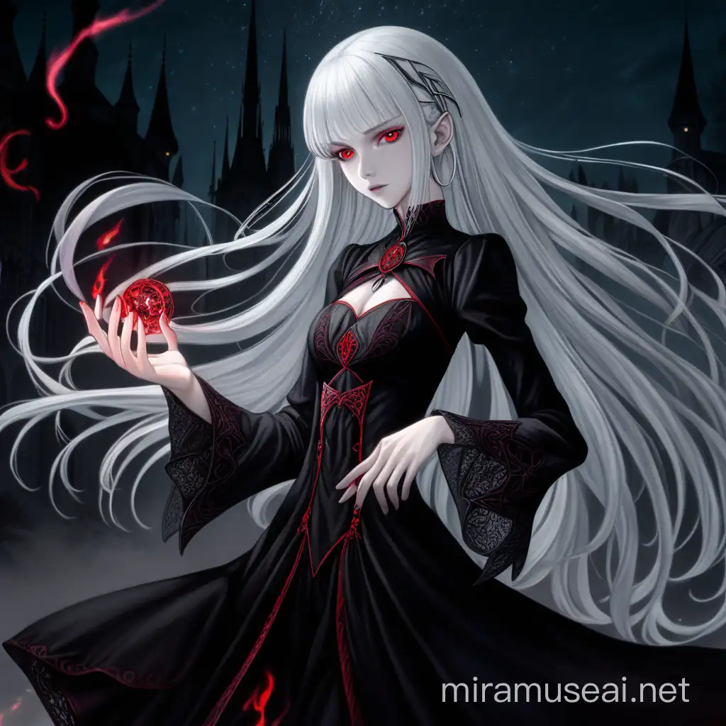 Anime Style, Manga Style, Drawing, Fantasy, Albino Women, Silver Hair, Pale Skin, Slender Body, Very Long Silver Hair, Gloving Red Eyes, Dark Magic, Gothic Dress, Black Dress, Villainous Look, Tall stature, Magic ritual, Magic spells, ongoing battle