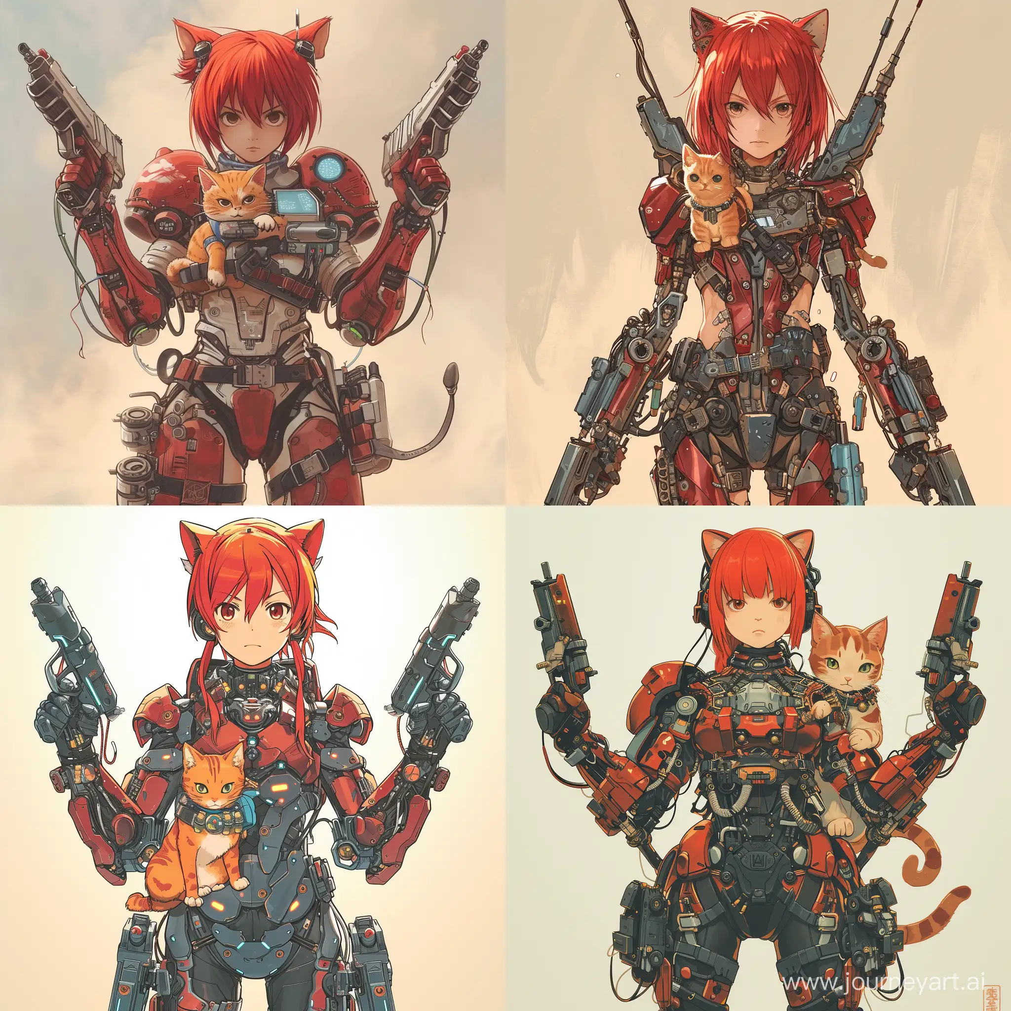 Futuristic-RedHaired-Girl-in-Bionic-Armor-with-AnimeStyle-Pistols-and-Anthromorphic-Cat