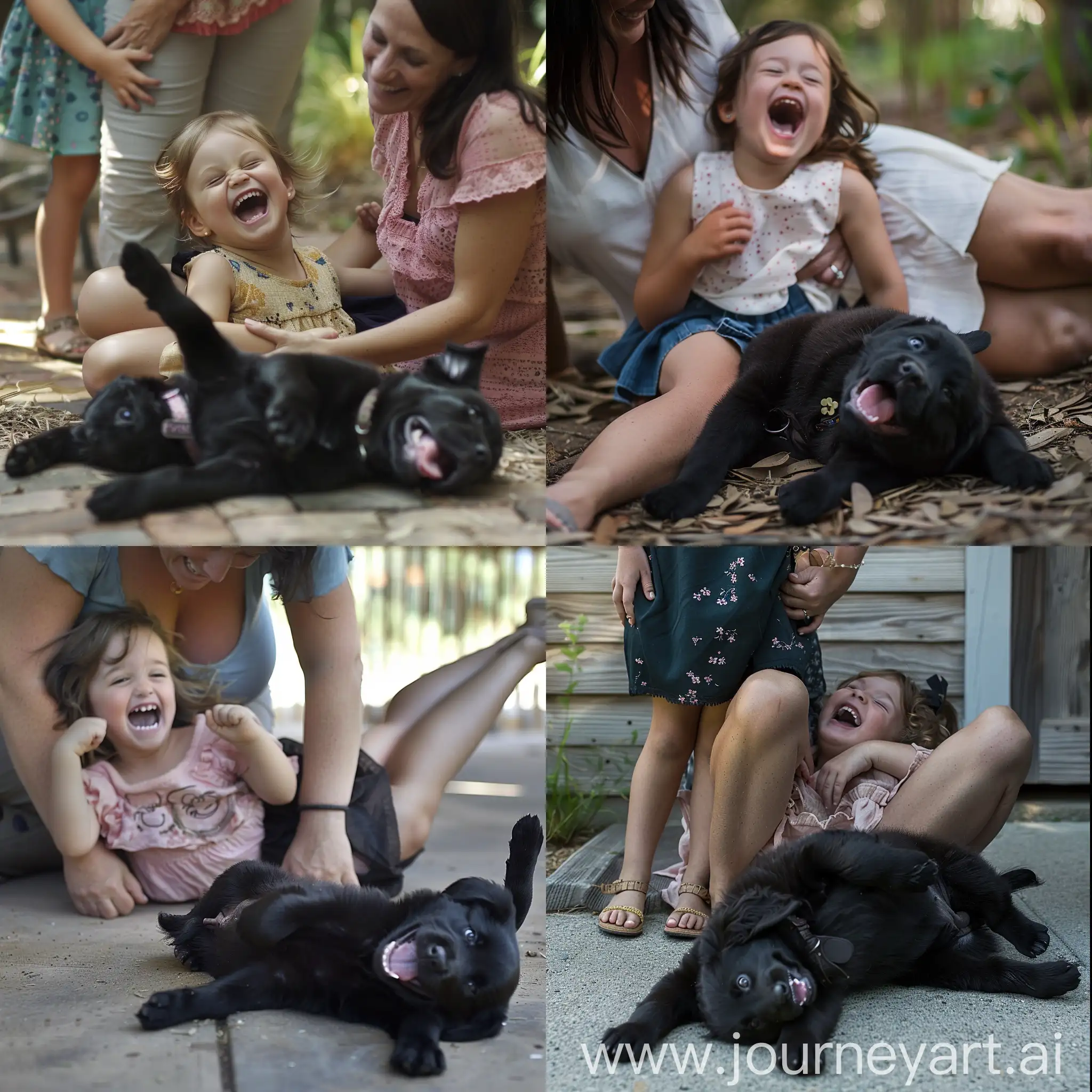 一个小女孩正在妈妈的怀抱中大笑，地上有一只黑色的小狗在露着肚子打滚。