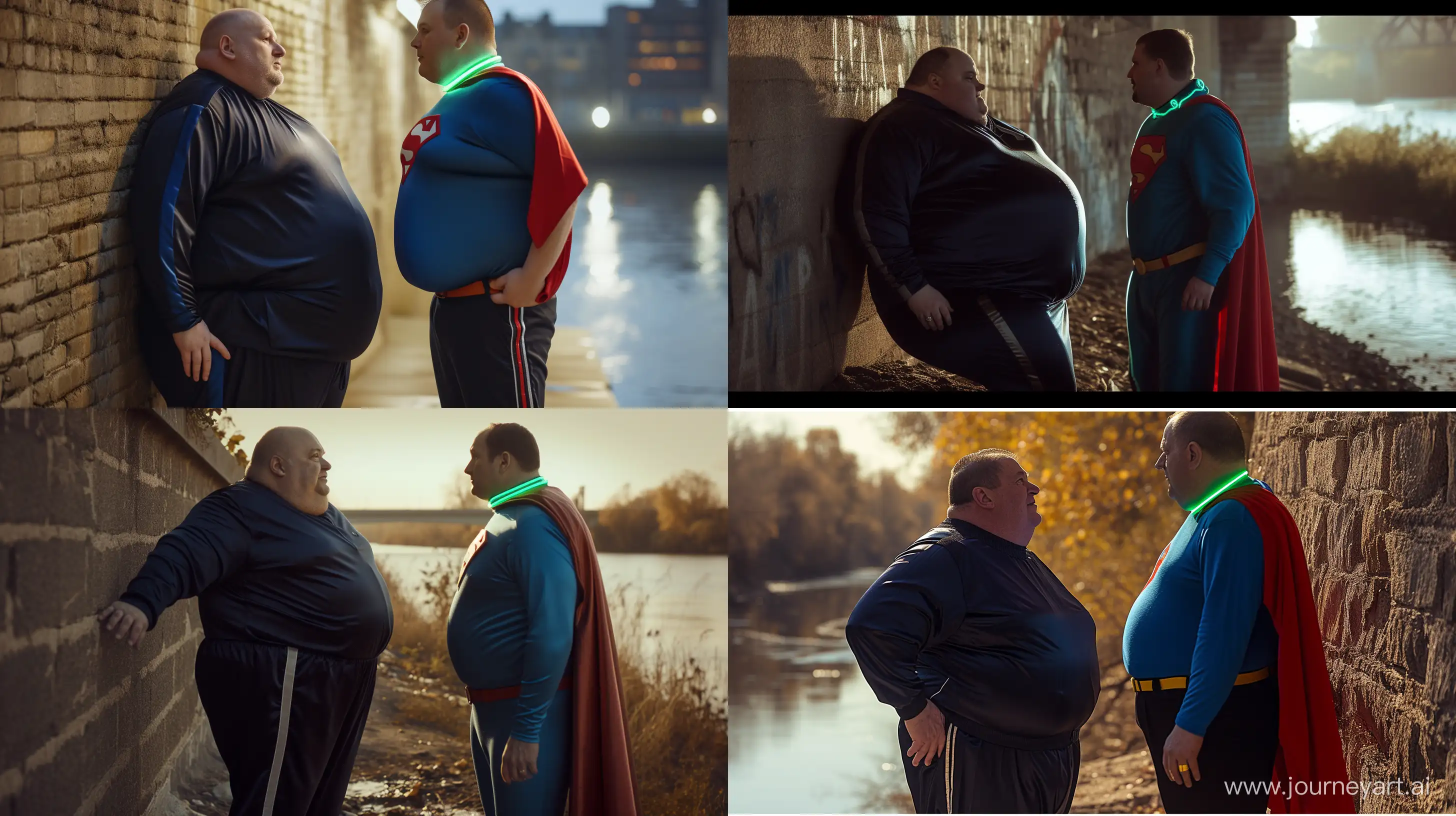 Close-up photo of a fat man aged 60 wearing a navy silk black tracksuit with a blue stripe on the pants. He is facing a fat man aged 60 wearing a tight blue 1978 smooth superman costume with a red cape and a tight green glowing neon dog collar on the neck leaning against a wall. Natural Light. River. --style raw --ar 16:9