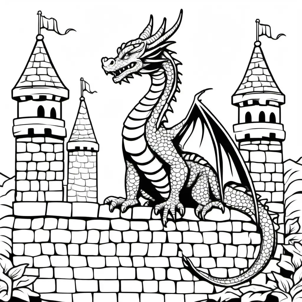 Dragon sitting on castle wall. Coloring book style. Black and white only. Simple