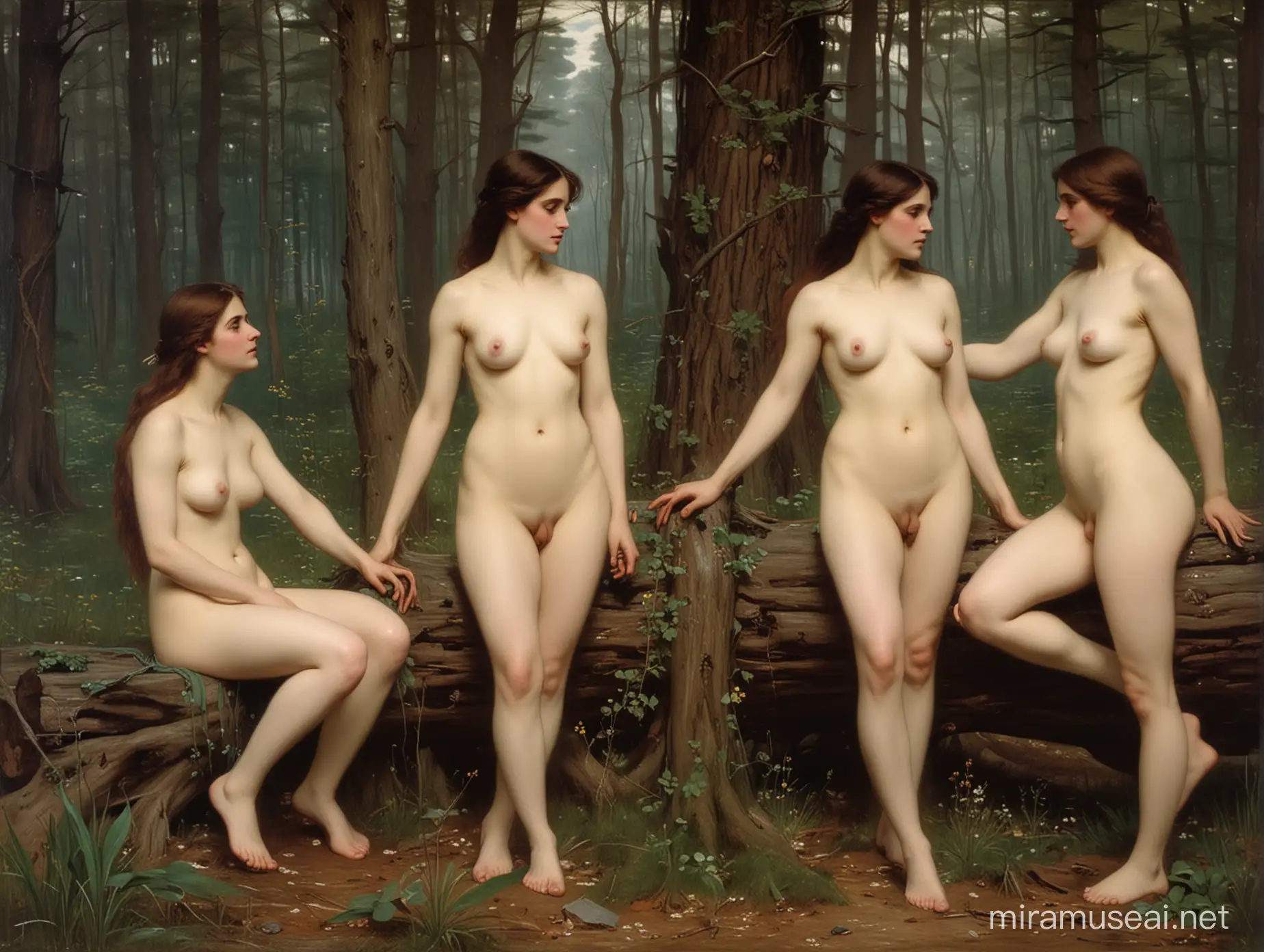 three nude muses in a h forest. John william waterhouse..