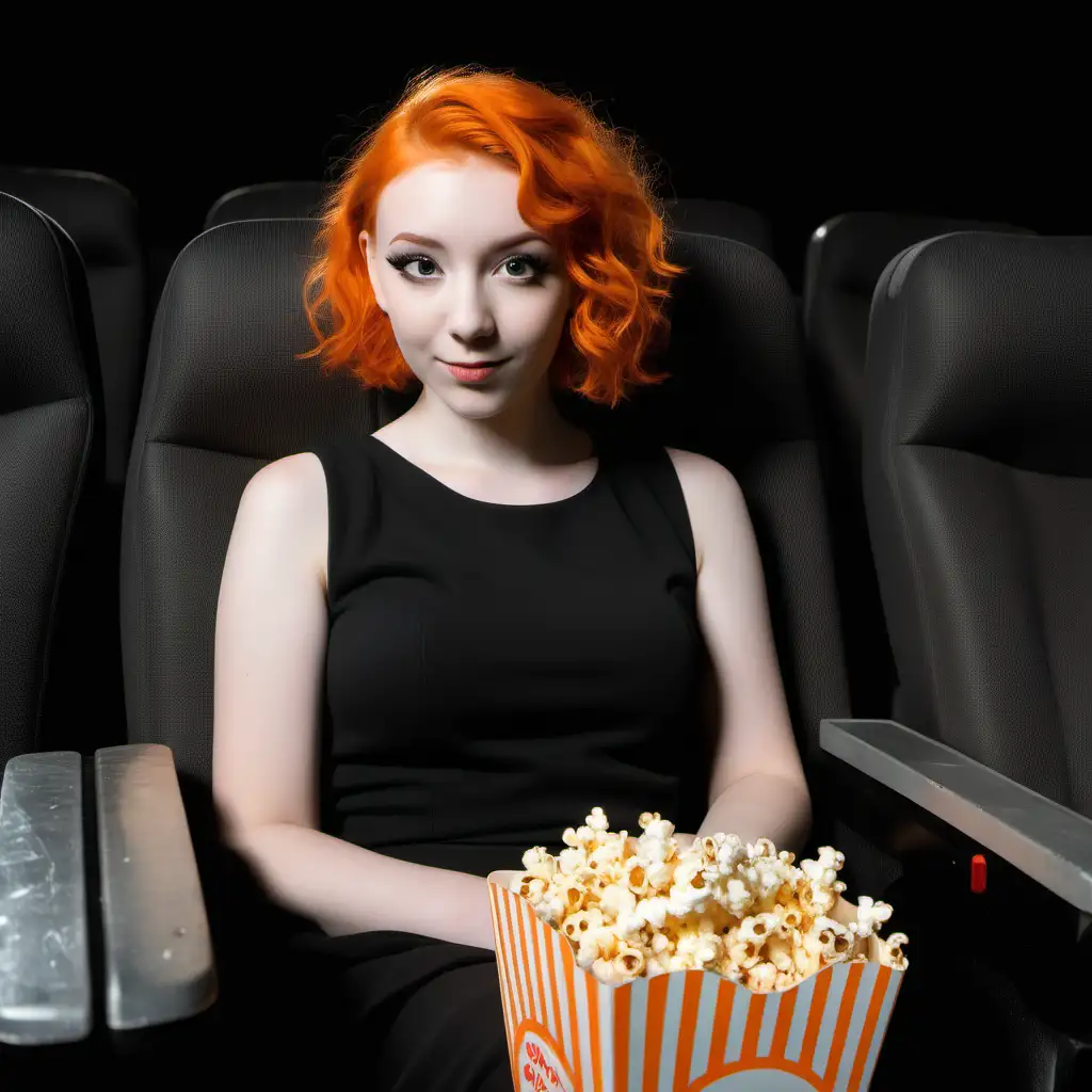 girl with orange hair and black dress, sitting in a read seat in a movie theater with popcorn in hand, black background
