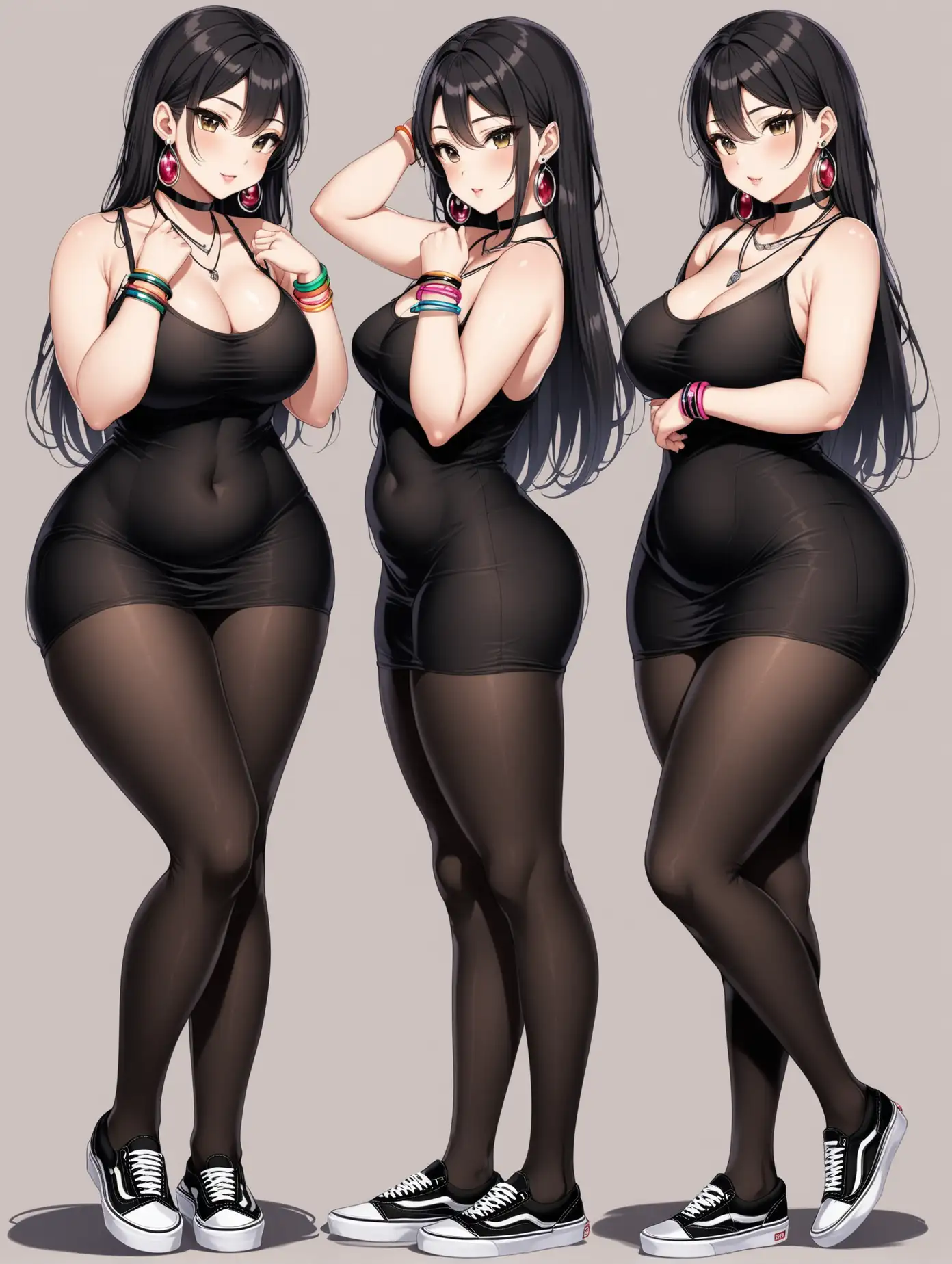 Sensual picture of a hot anime girl, age 25, curvy, height: tall, big ass, black pantyhose body stockings, long shirt dress, wearing vans slip-ons, choker, necklaces, big earrings, wristbands, 2 poses