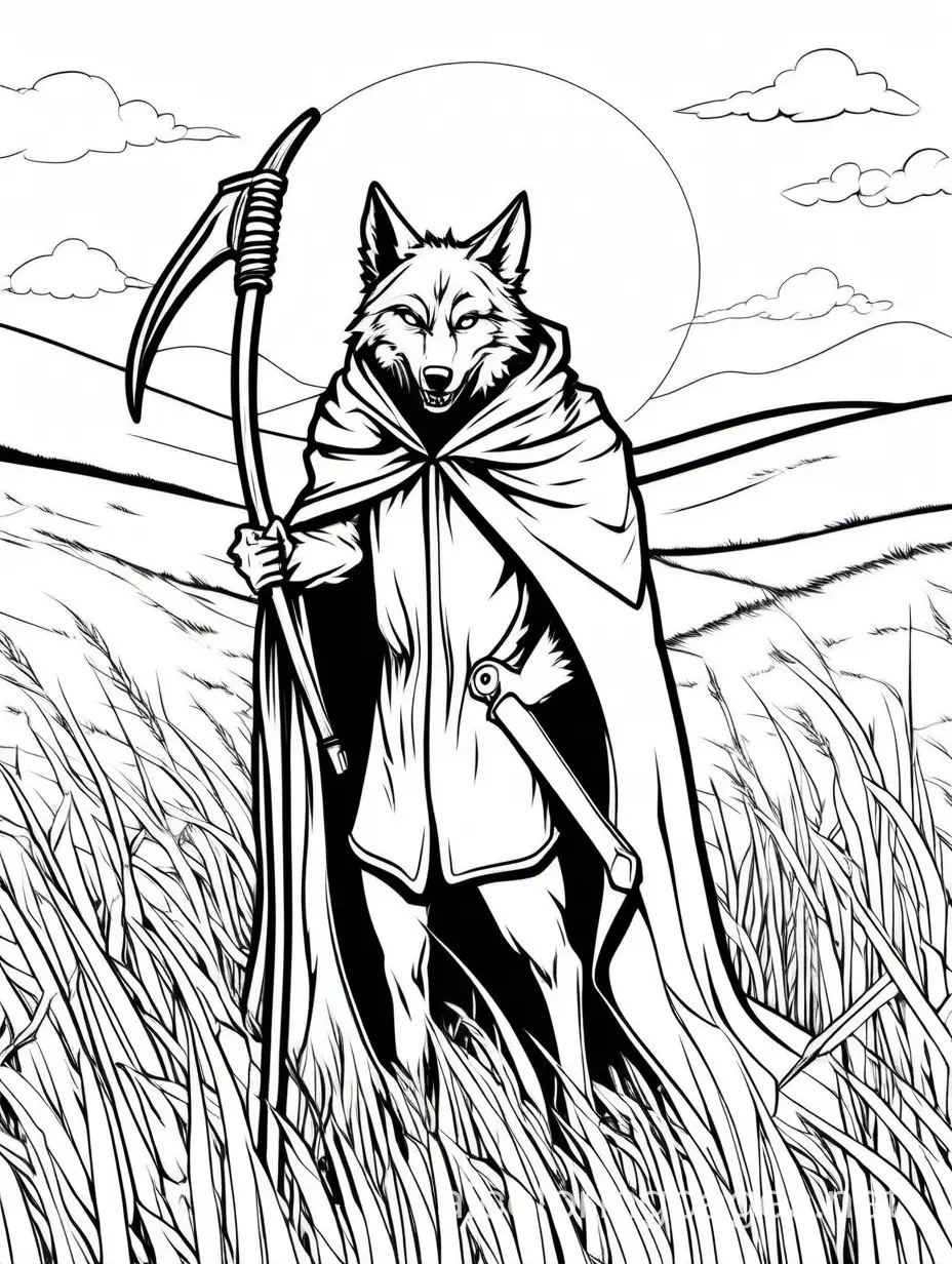 a wolf wearing a cloak and holding a scythe in a field, Coloring Page, black and white, line art, white background, Simplicity, Ample White Space. The background of the coloring page is plain white to make it easy for young children to color within the lines. The outlines of all the subjects are easy to distinguish, making it simple for kids to color without too much difficulty