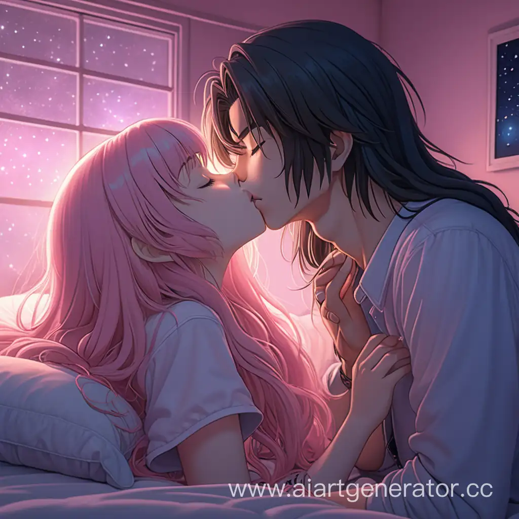 аниме девочка целует в губы длинноволосого аниме парня лежа на кровати с закрытыми глазами в милой комнате ночью которую освещает розовый свет 