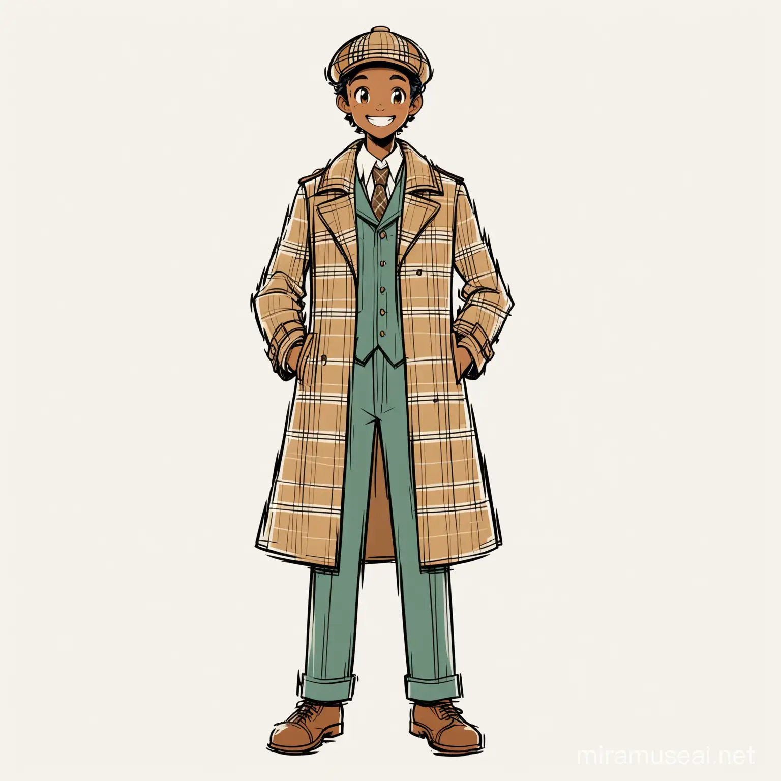 a full-body 2d drawing of a black teenage boy standing in the middle, wearing "Sherlock Holmes" deerstalker hat and a plaid trenchoat; facing ahead, smiling, on a plain white background, drawn in Disney style