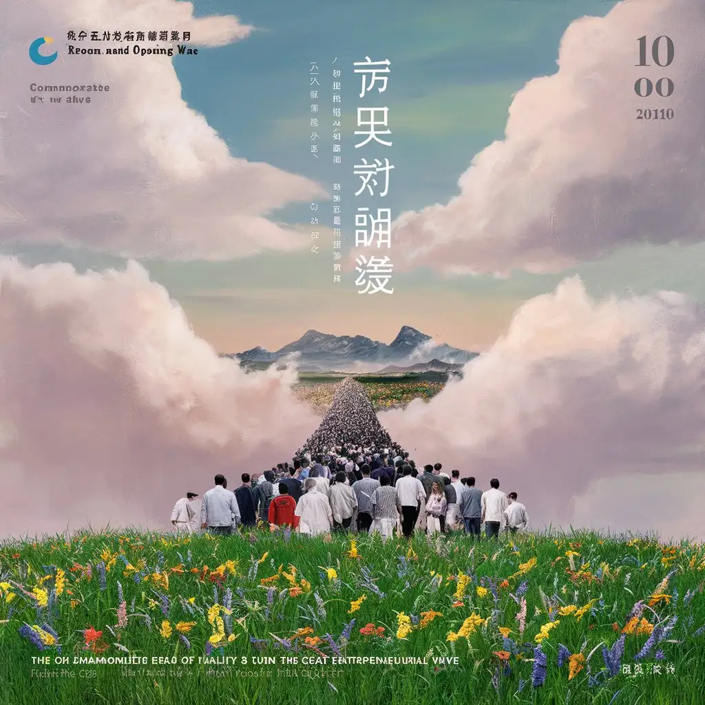 The cover features a light sky blue above, with drifting white clouds in the middle-upper part, distant mountain foothills in the middle, followed by a crowd coming towards you, and at the bottom, a green grassland blooming with flowers. It symbolizes the era of a prosperous world where heaven, earth, and humanity are united, along with the surge of entrepreneurial vitality, commemorating the unprecedented era of reform and opening up!