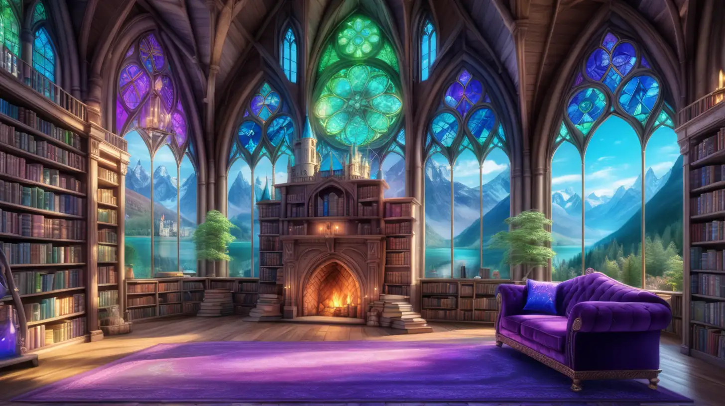 Giant library with stain glass and windows and books and glowing potions and a bright-blue river to mountains and enchanted castle and path to fairytale magical cozy-giant-elegant-fireplace. Green. Blue. Purple.