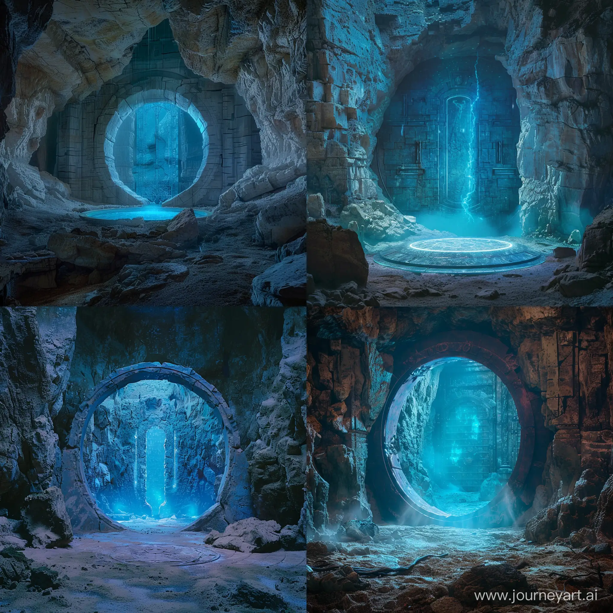 ancient dungeon, mystery, photorealism, magic blue light, ancient arcitecture, abandoned cave, big round room, ancient large magic gates in center, rock walls