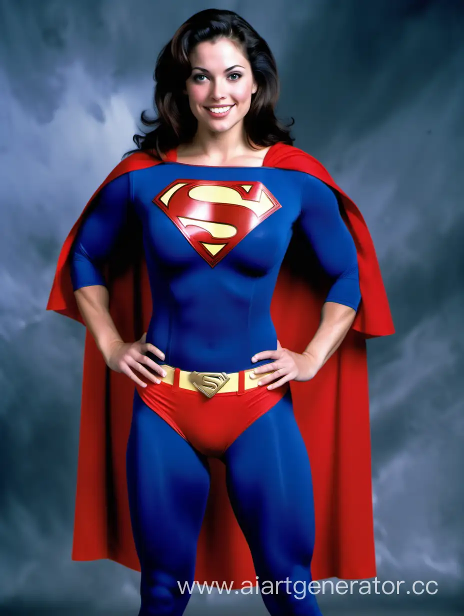 A pretty woman, Mexican American, brown hair, age 26, happy, ((extremely muscular)), huge arm muscles, huge leg muscles, huge chest muscles, huge abdominal muscles, huge breasts, superhero, powerful, heroic, mighty, massive.
Superman costume, full body, matte spandex, (blue leggings), blue sleeves, red briefs, a long cape.
Superman The Movie.
Photo studio.